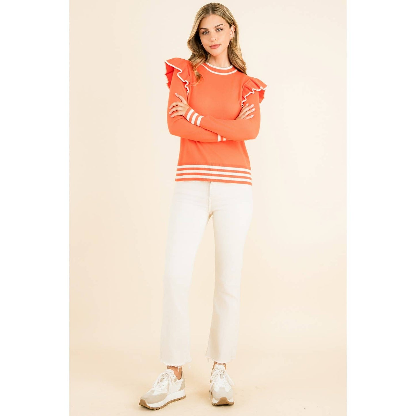 Orange Ruffle Shoulder Long Sleeve Sweater with Stripes