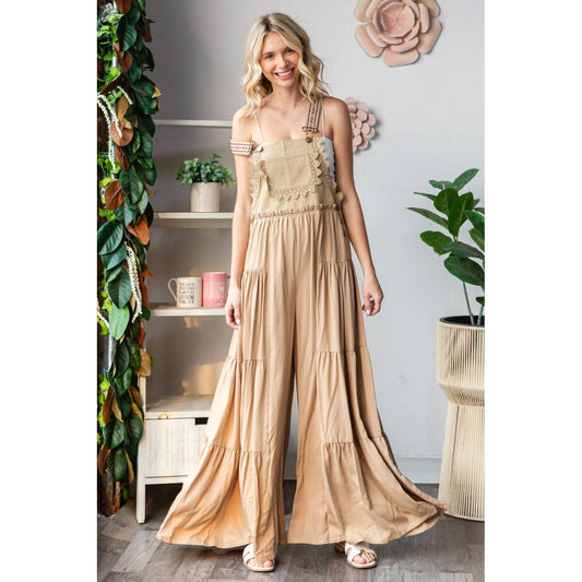 Embroidered Strap Flowy Jumpsuit Khaki