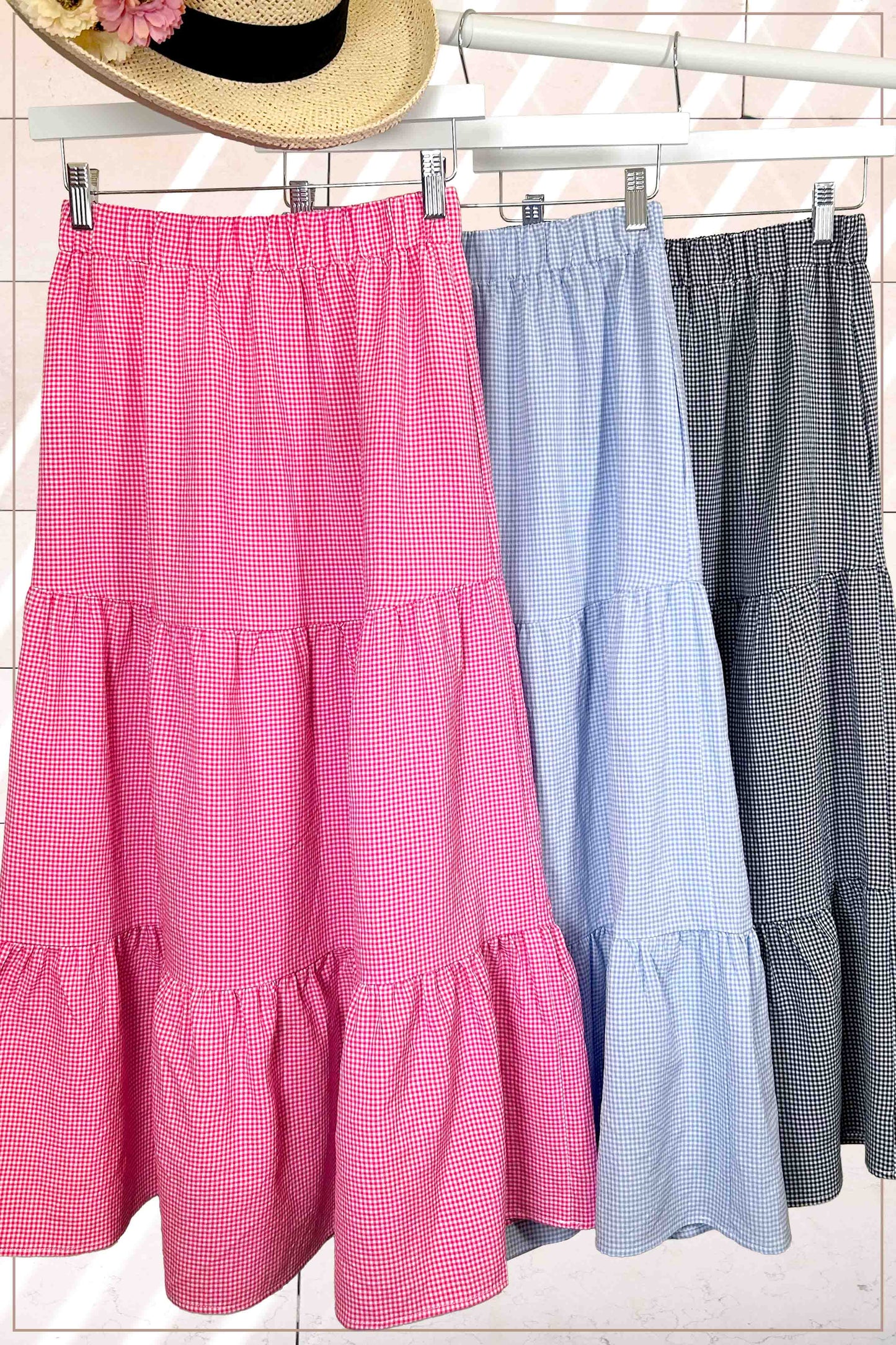 La Miel Gingham Tiered Maxi Skirt With Side Pockets