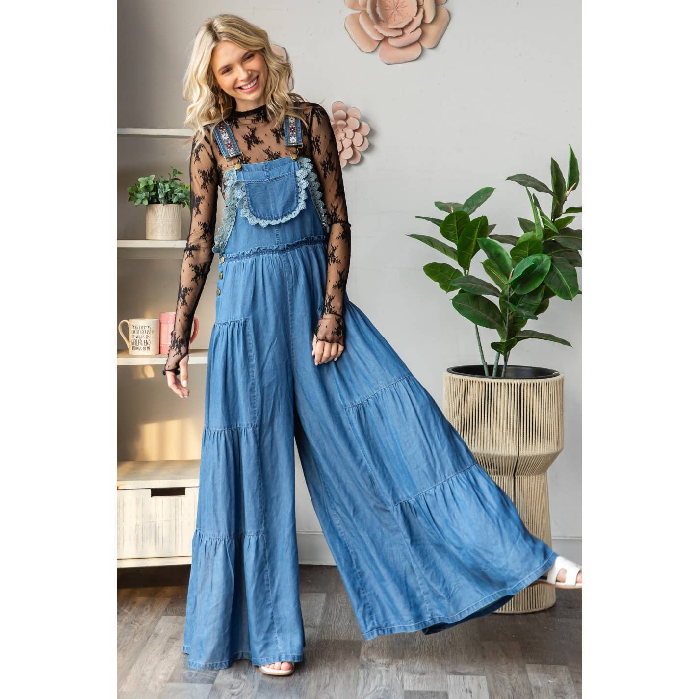 Embroidered Tencel Strap Flowy Jumpsuit