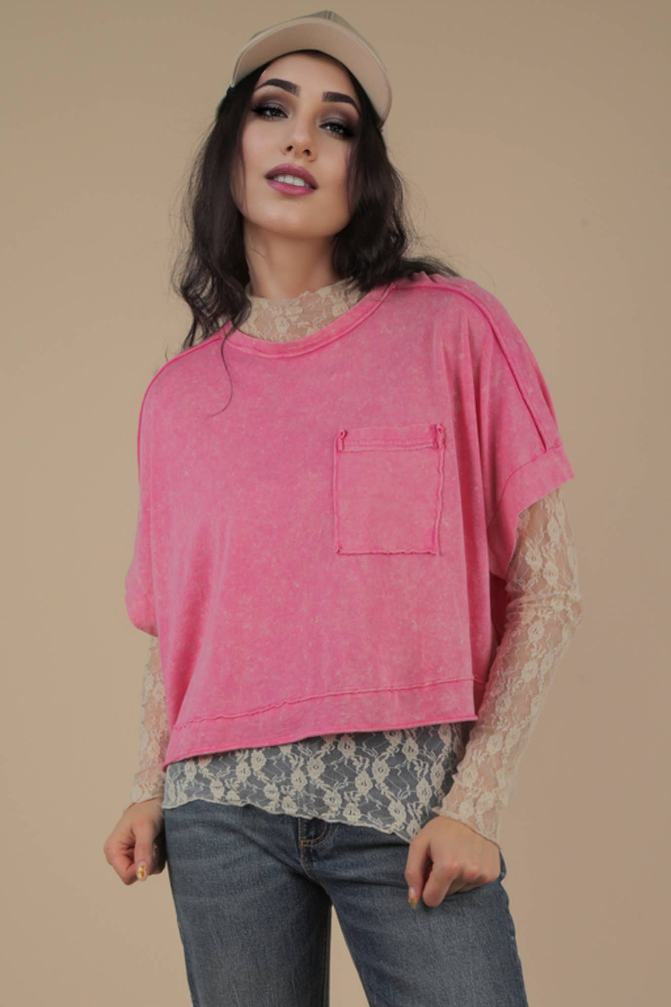 Mineral Washed Oversized Crop Comfy Knit Top Pink