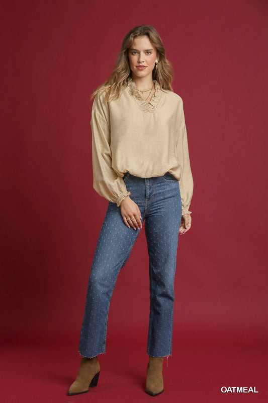Umgee Oatmeal Ruffle Shirt