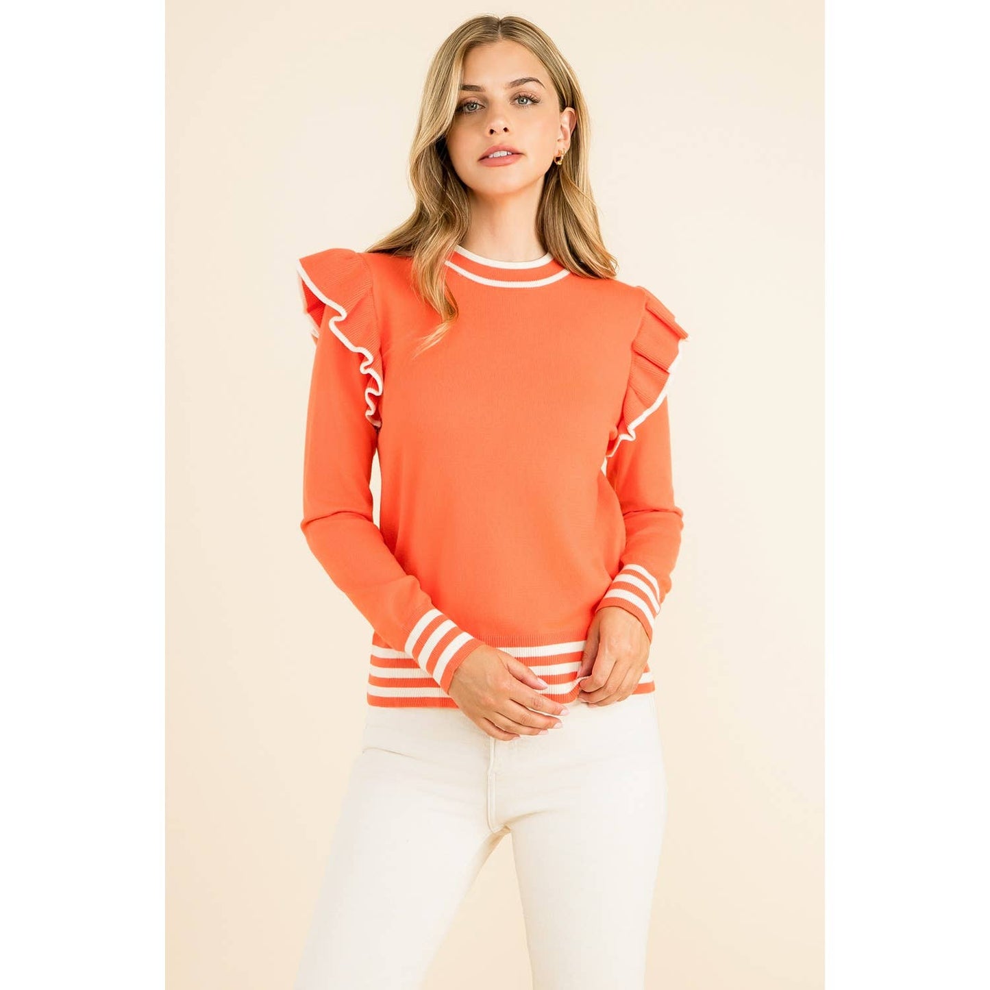 Orange Ruffle Shoulder Long Sleeve Sweater with Stripes