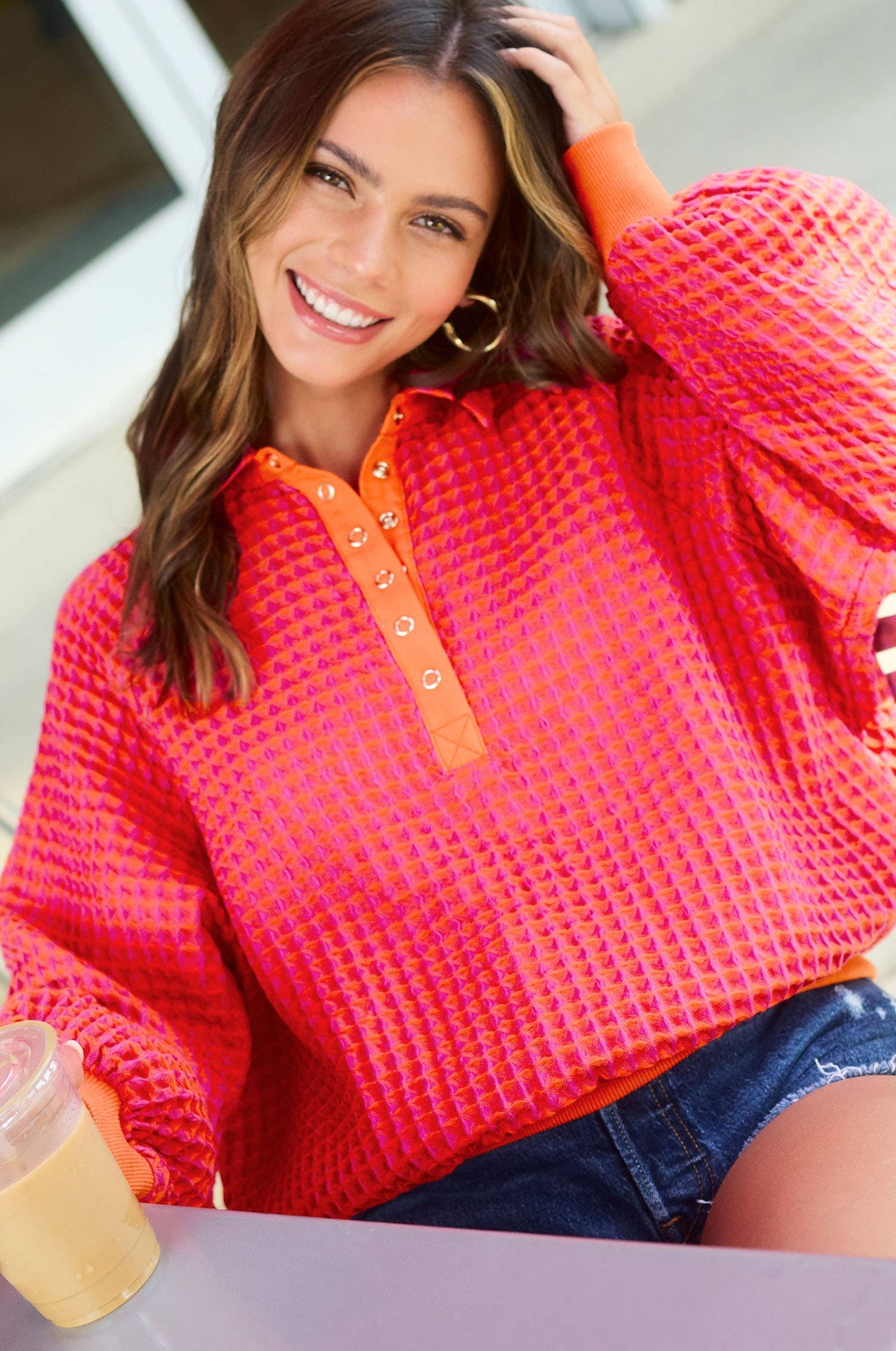 La Miel  Two Tone Textured Snap Button Front Top