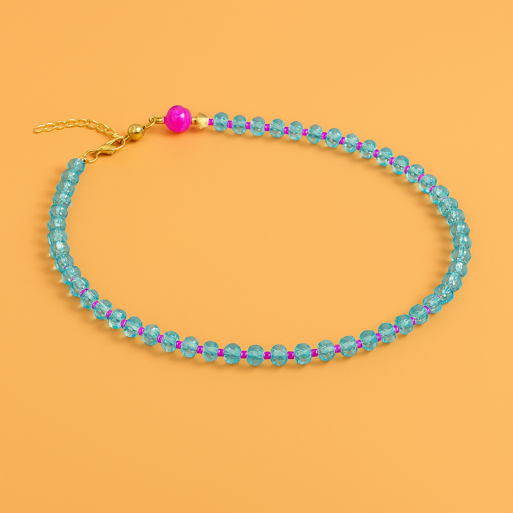 Taylor Elliott Beaded Necklace - Aqua + Hot Pink Glass Beads - Gigi