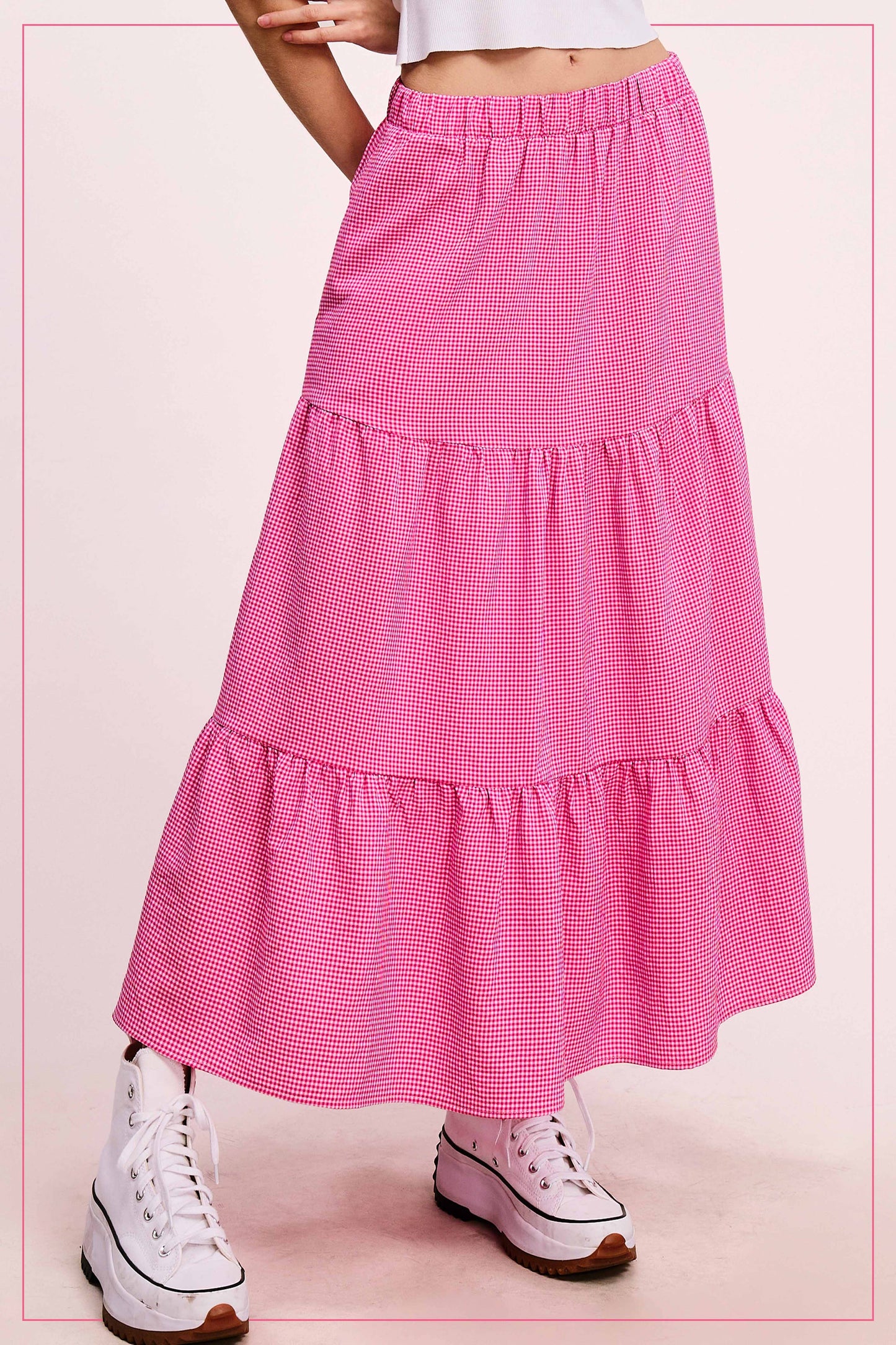 La Miel Gingham Tiered Maxi Skirt With Side Pockets