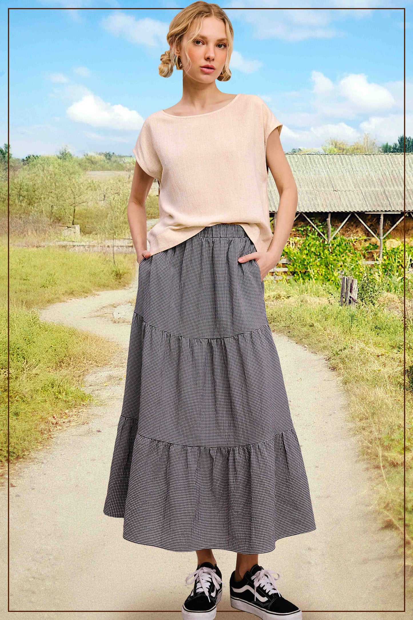 La Miel Gingham Tiered Maxi Skirt With Side Pockets