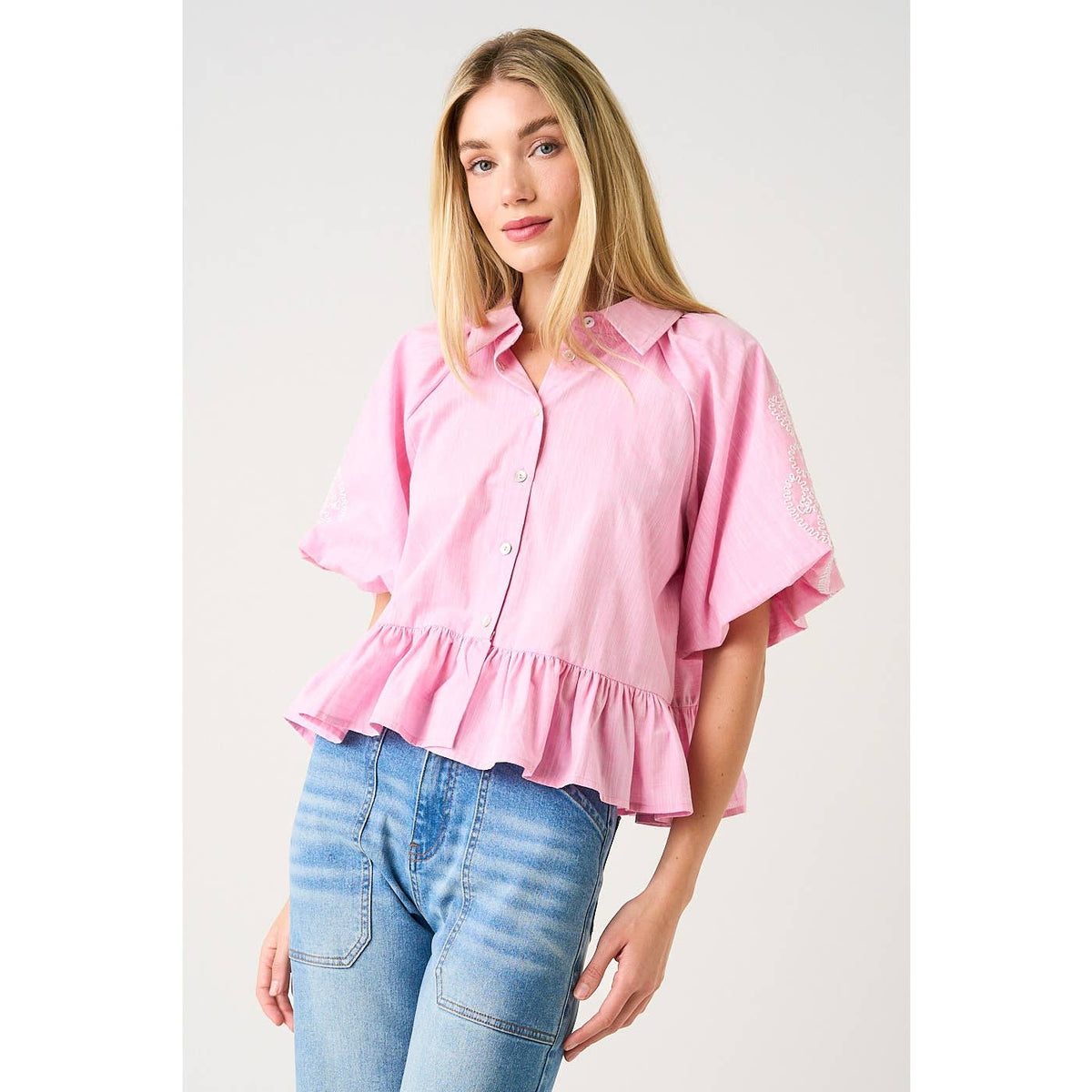 Mittoshop EMBROIDERY BUBBLE SLEEVE PEPLUM BUTTON DOWN SHIRT
