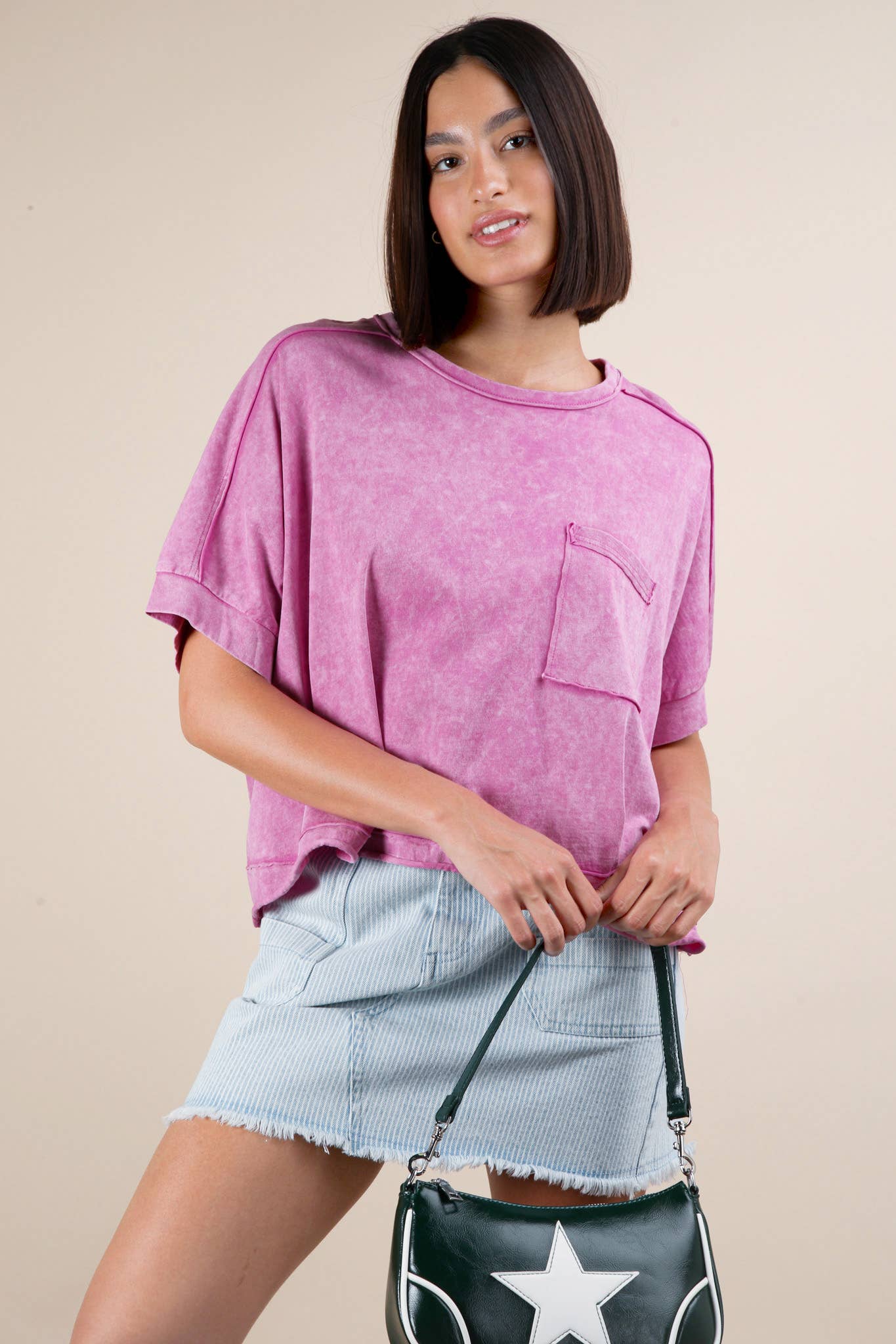 Mineral Washed Oversized Crop Comfy Knit Top Pink