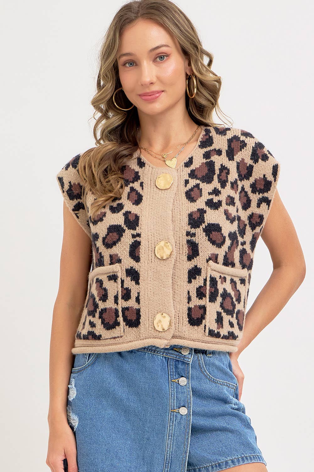 LEOPARD PRINT KNIT BUTTON-UP SWEATER TOP
