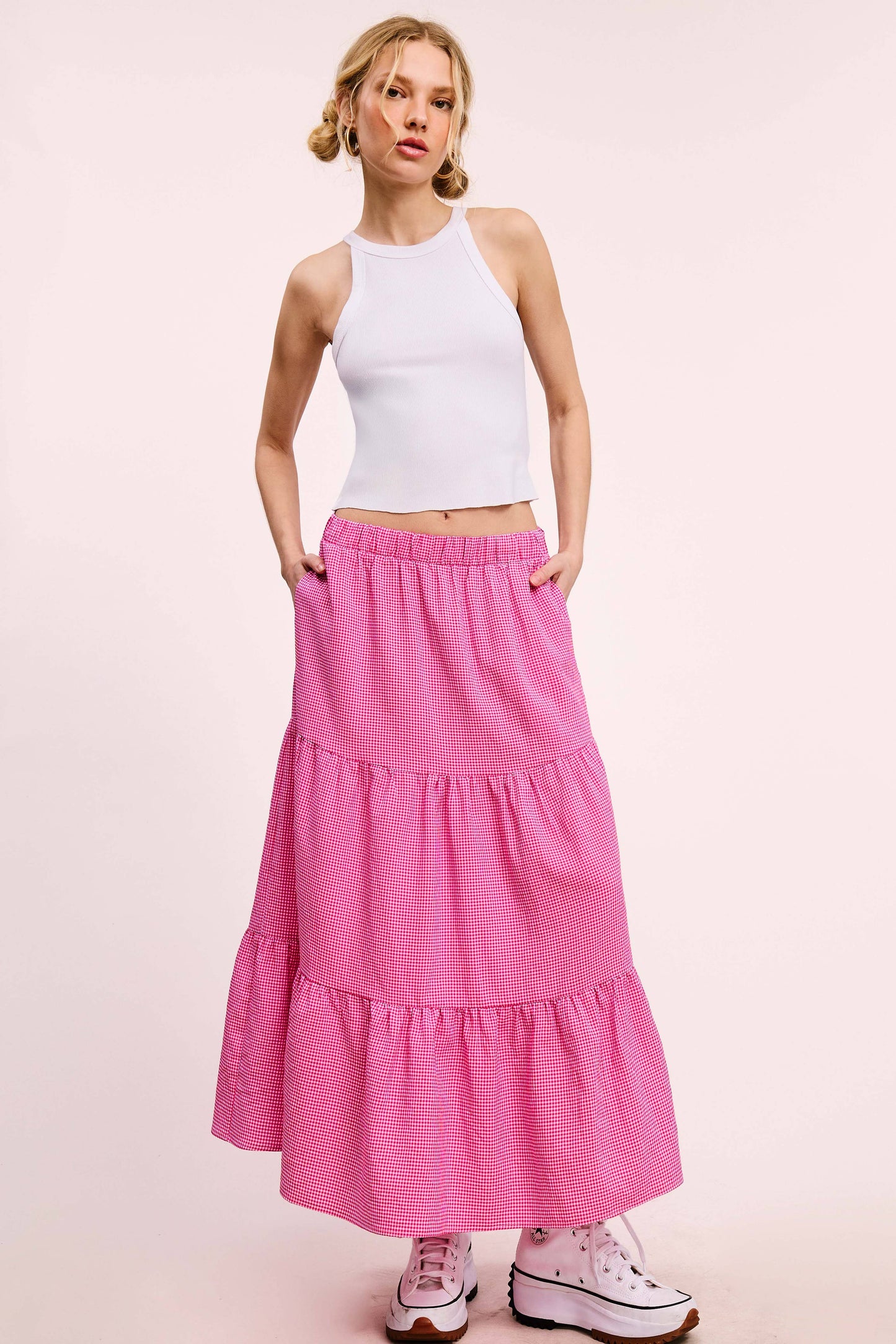La Miel Gingham Tiered Maxi Skirt With Side Pockets