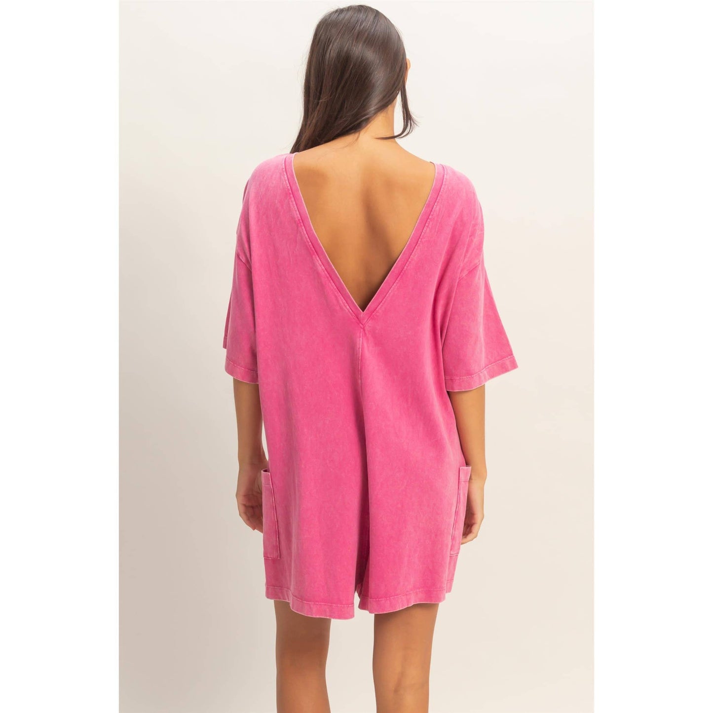 HYFVE Fuchsia Mineral Washed V-Back Romper