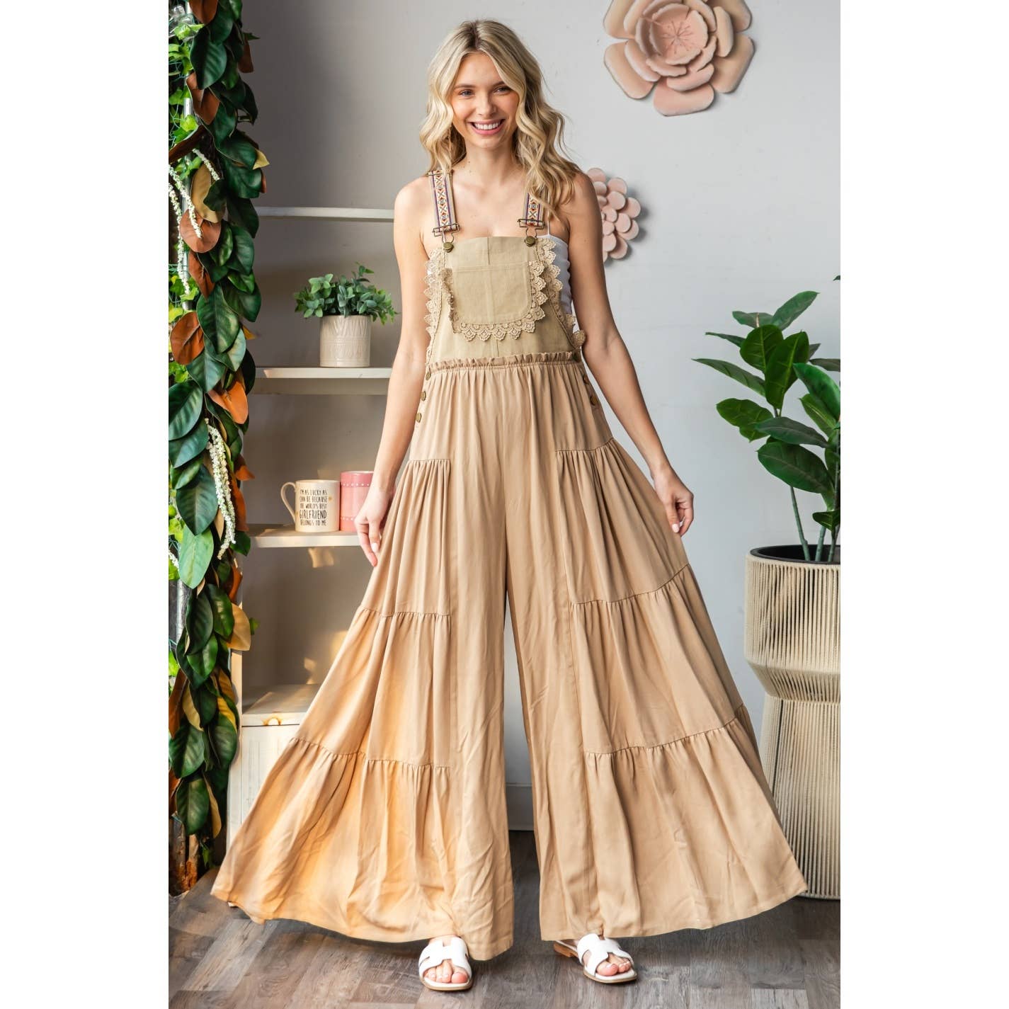 Embroidered Strap Flowy Jumpsuit Khaki