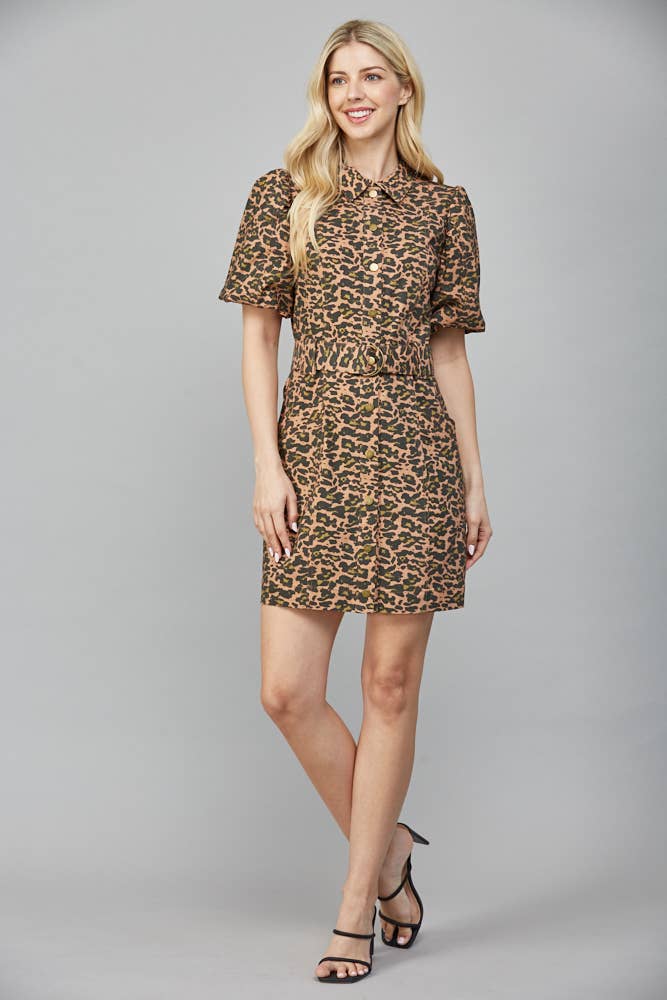 FATE ANIMAL PRINT SHORT PUFF SLV BELTED DRESS