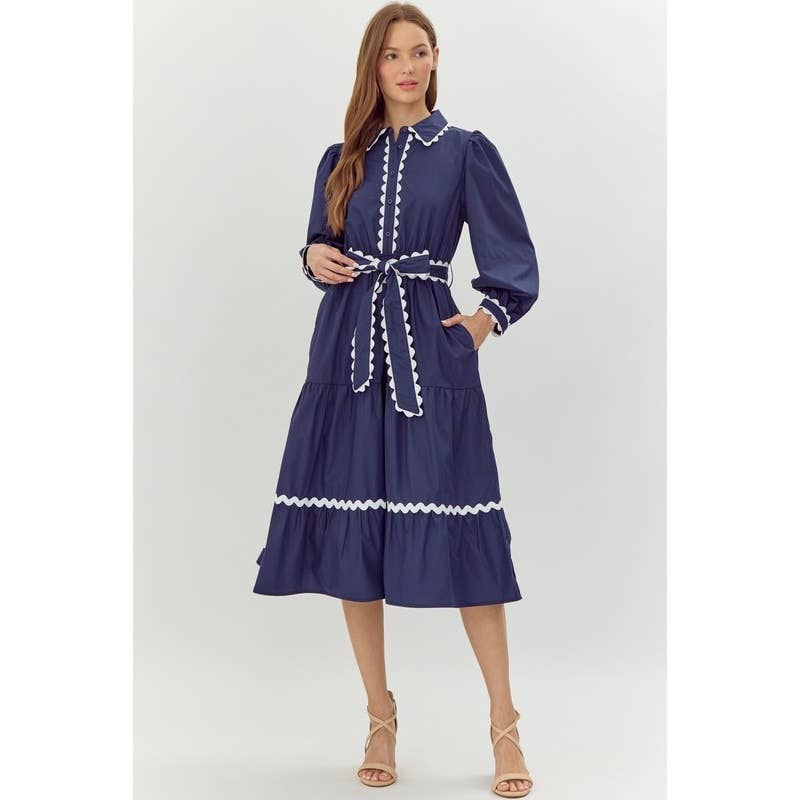 Solid midi dress with Ric Rack
