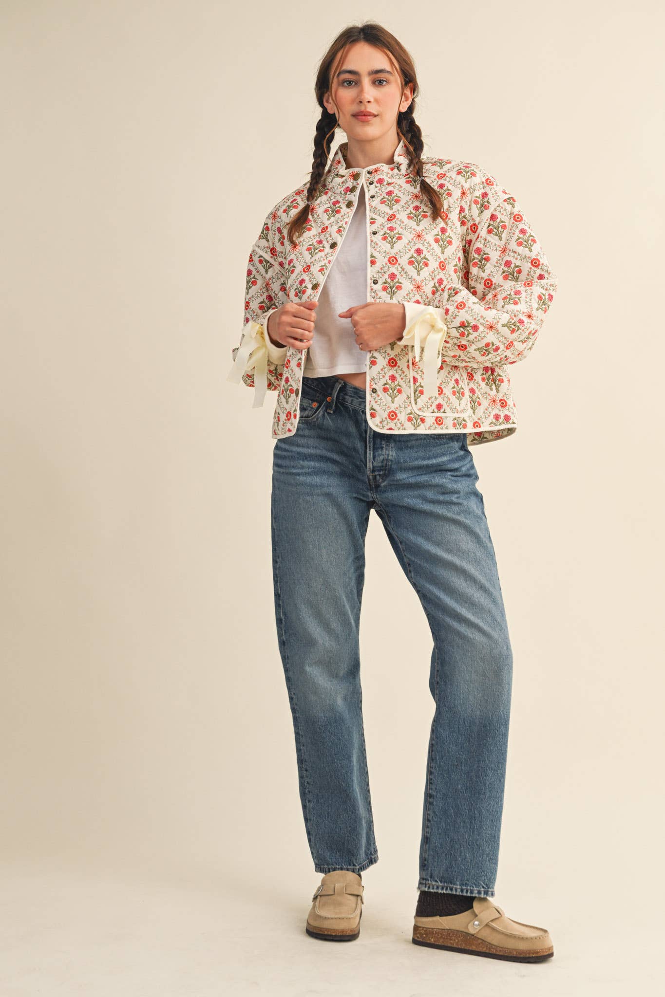 FLORAL QUILTED JACKET WITH RIBBON DETAIL MJK4431