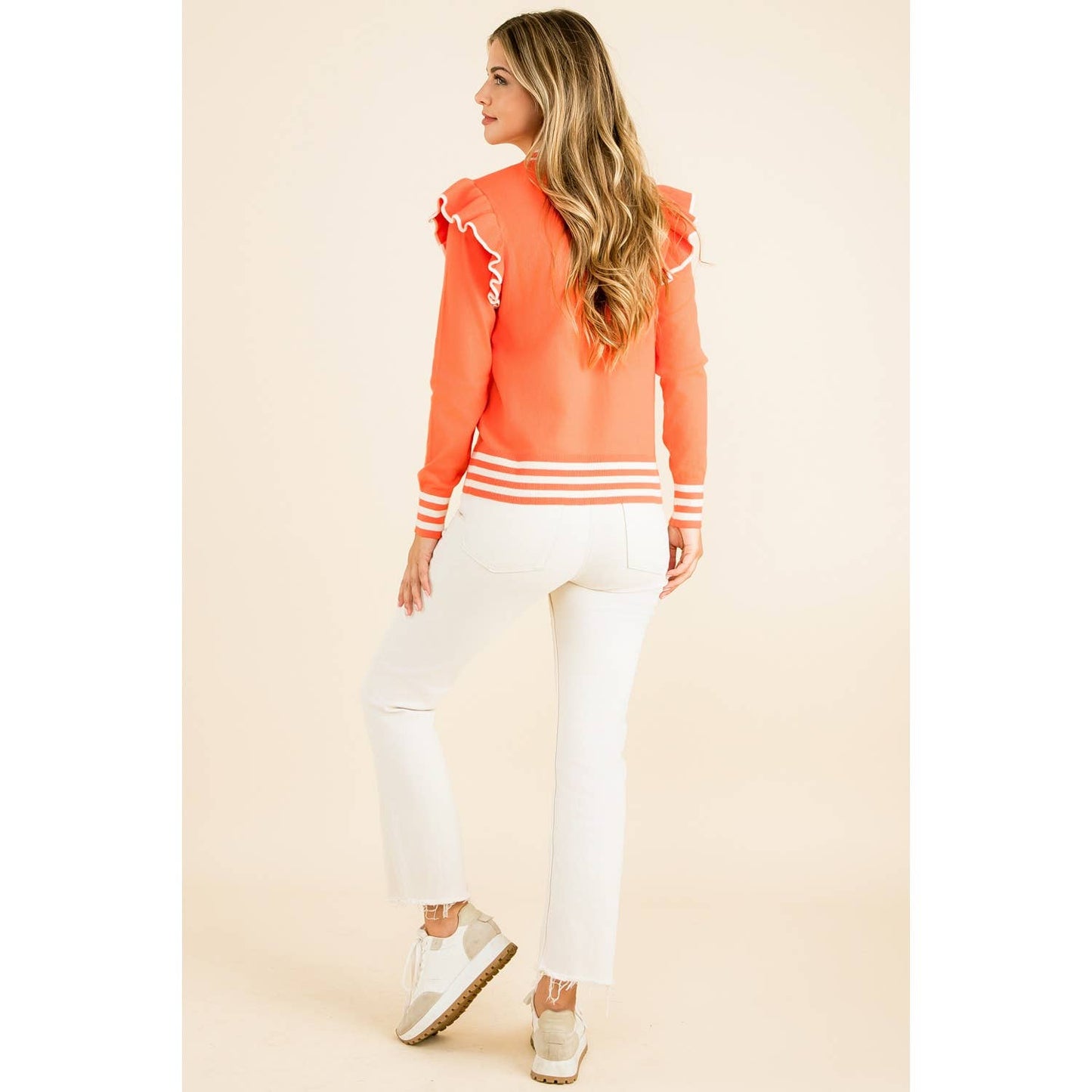 Orange Ruffle Shoulder Long Sleeve Sweater with Stripes