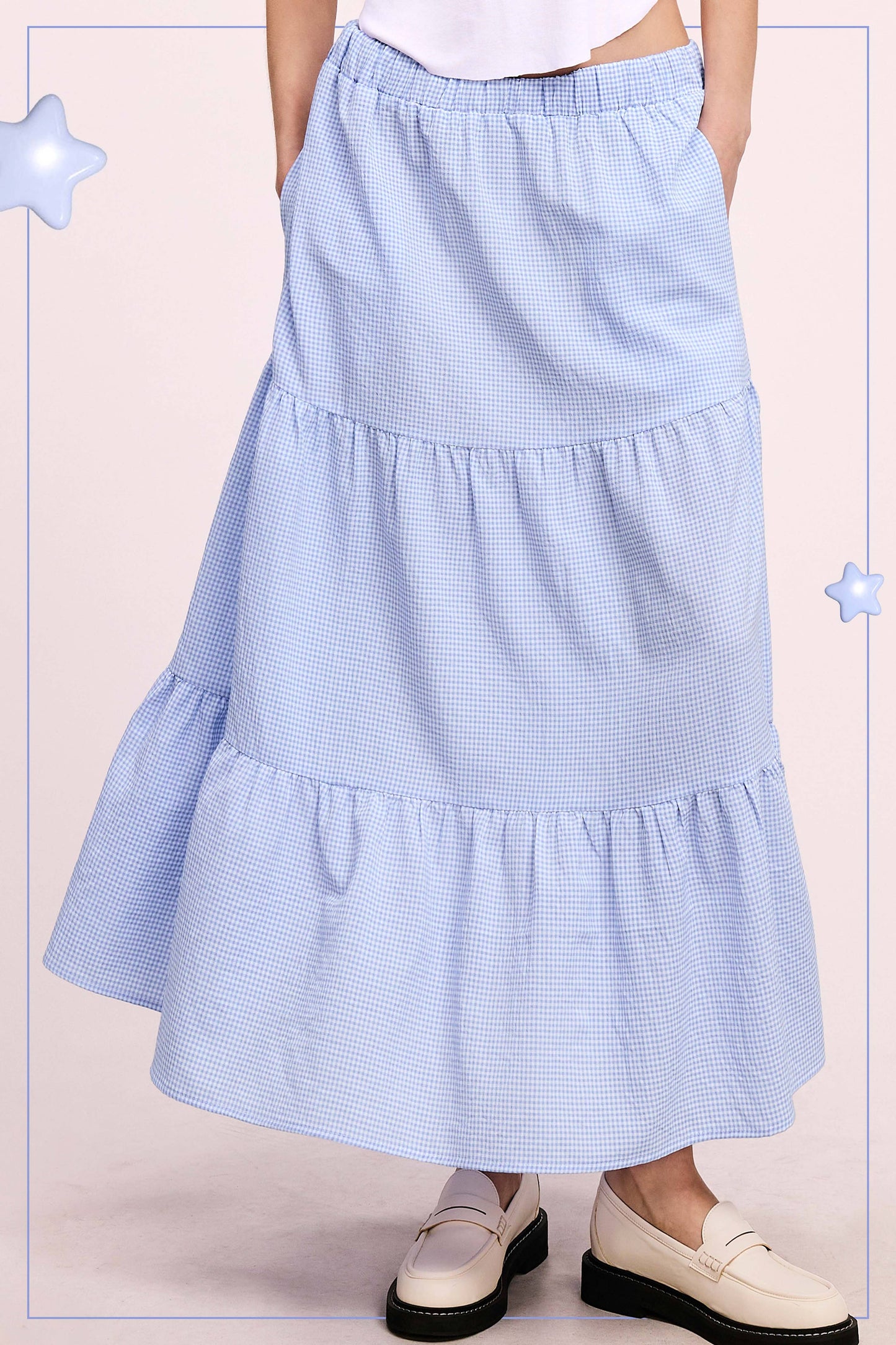 La Miel Gingham Tiered Maxi Skirt With Side Pockets