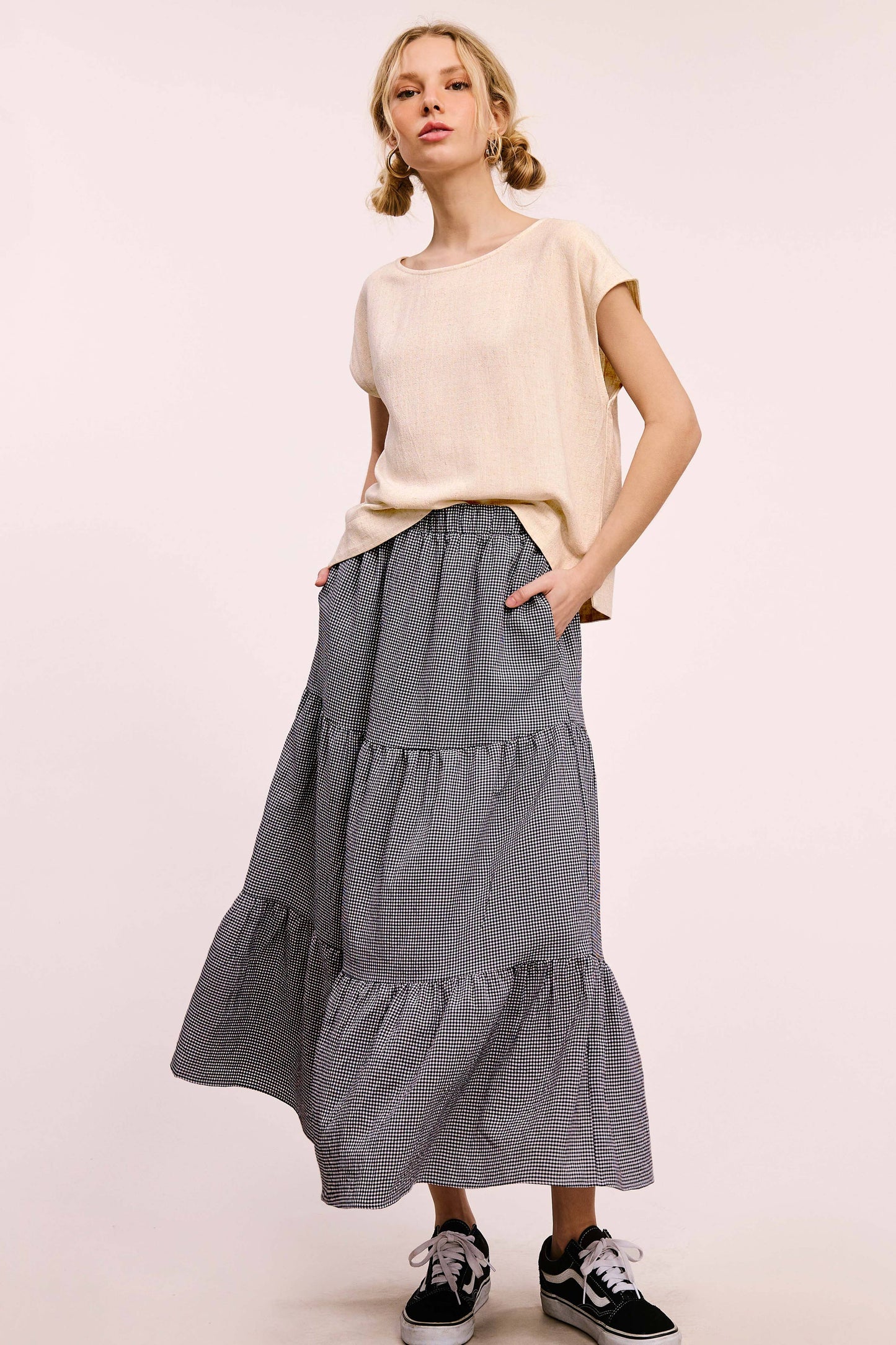 La Miel Gingham Tiered Maxi Skirt With Side Pockets