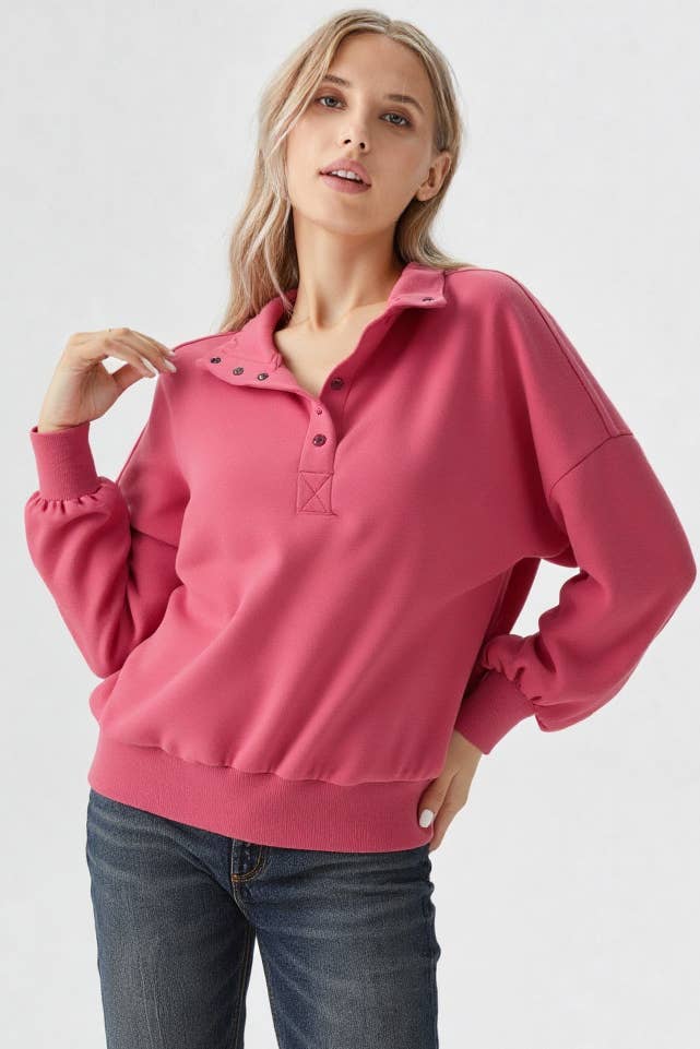 NT11951-Balloon Sleeve Half Button Down Henley Knit Top
