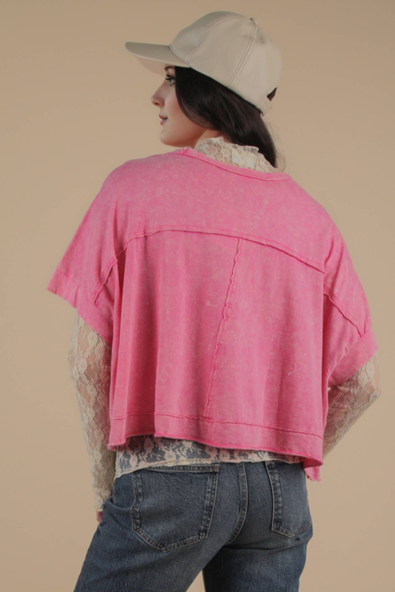 Mineral Washed Oversized Crop Comfy Knit Top Pink