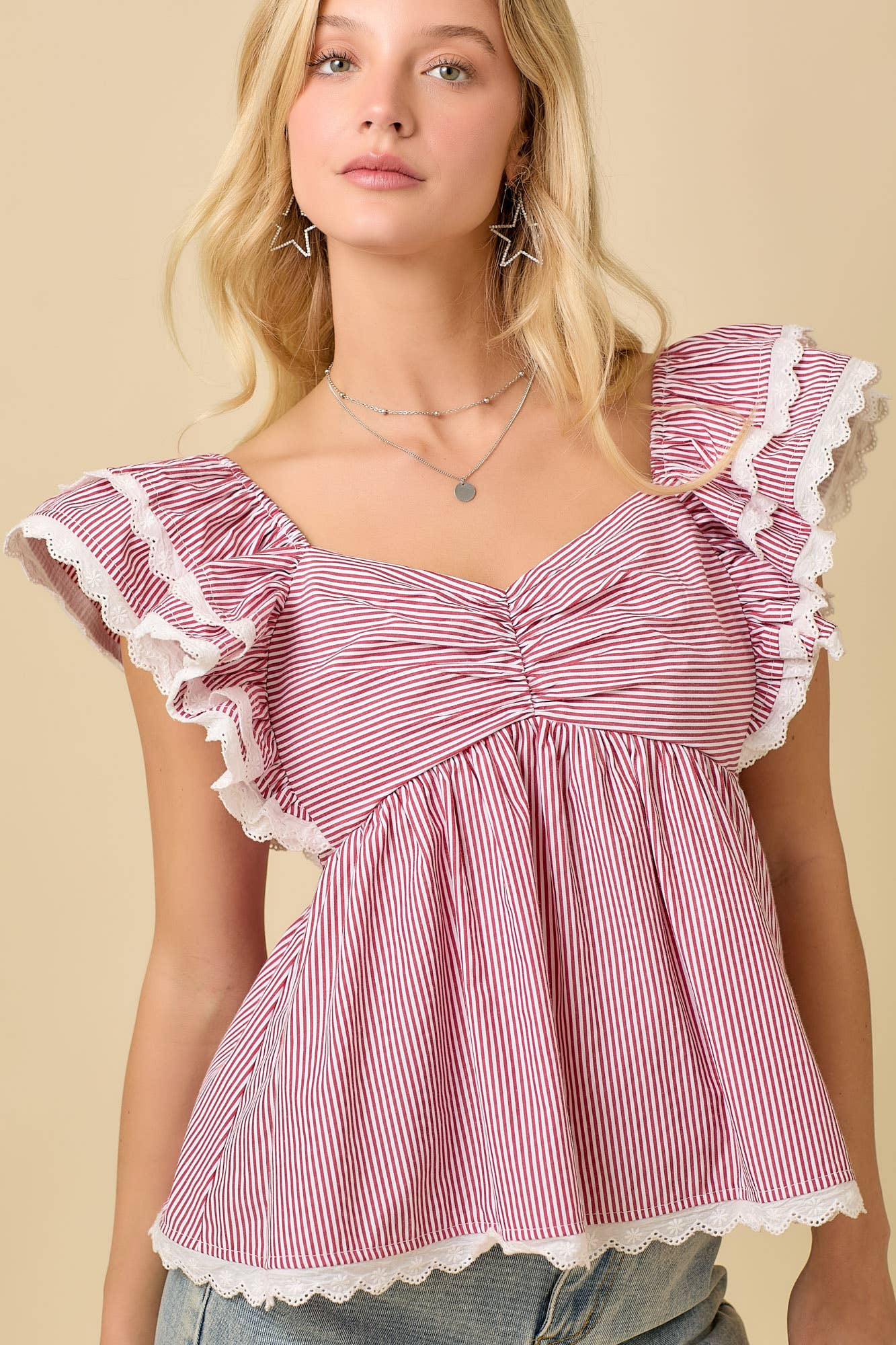 Main Strip Double Ruffle Baby Doll Peplum Top