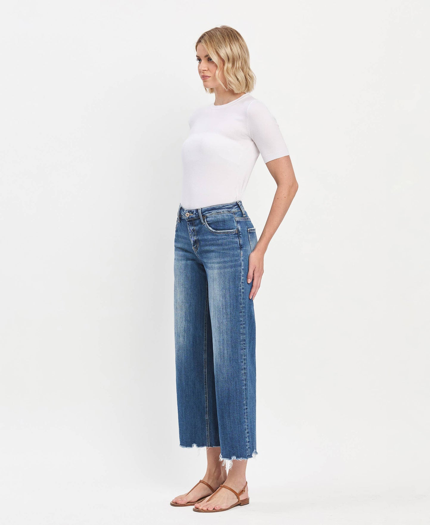 MID RISE MEDIUM DARK WASH RAW HEM WIDE JEANS LV1246