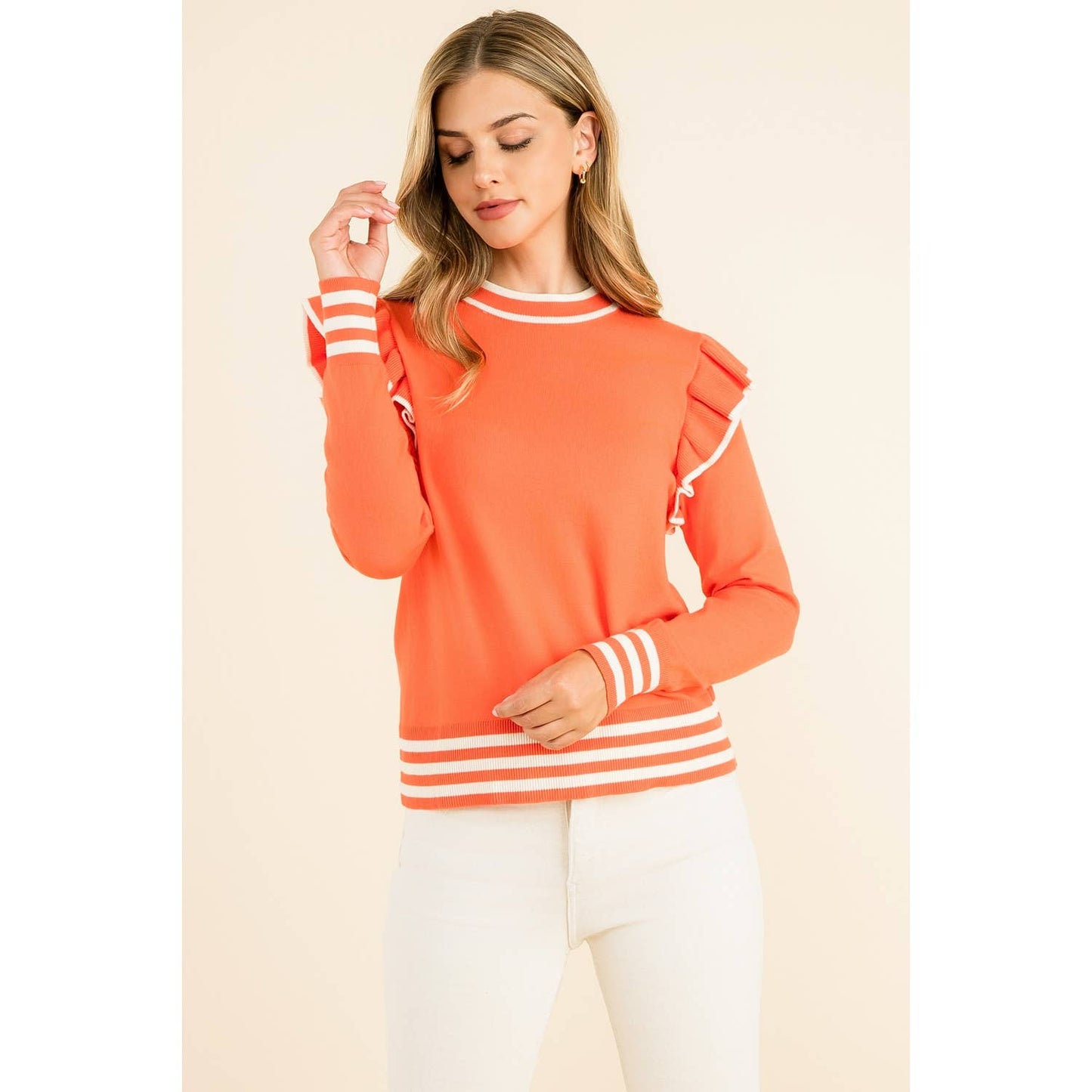 Orange Ruffle Shoulder Long Sleeve Sweater with Stripes