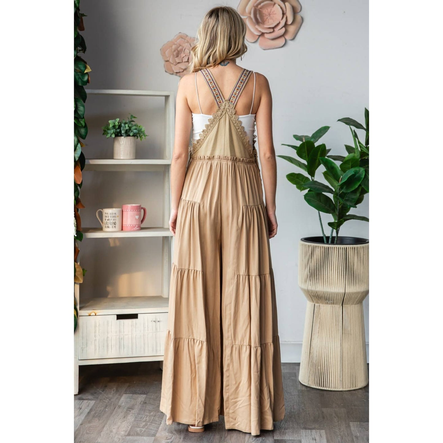 Embroidered Strap Flowy Jumpsuit Khaki