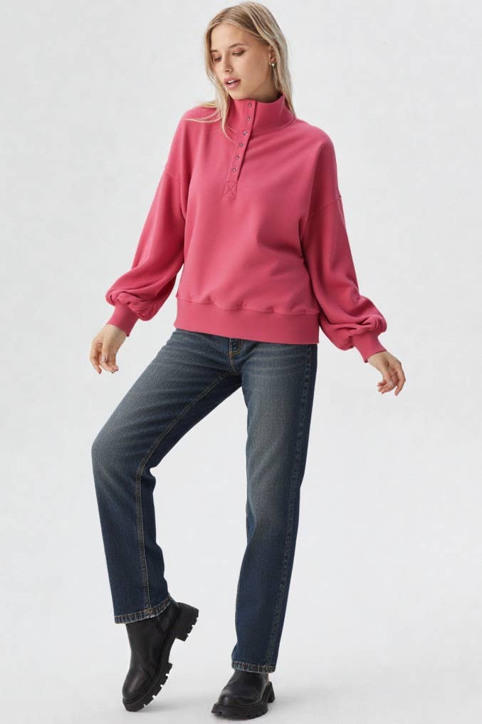NT11951-Balloon Sleeve Half Button Down Henley Knit Top