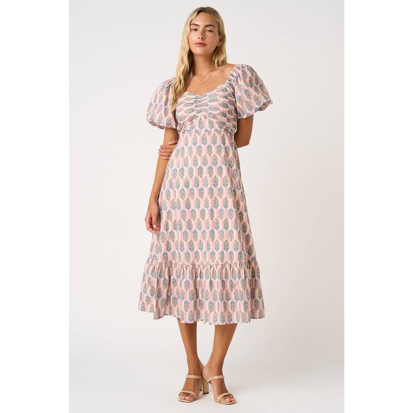 FLORAL STRIPED PRINT PUFF SLEEVE MIDI DRESS