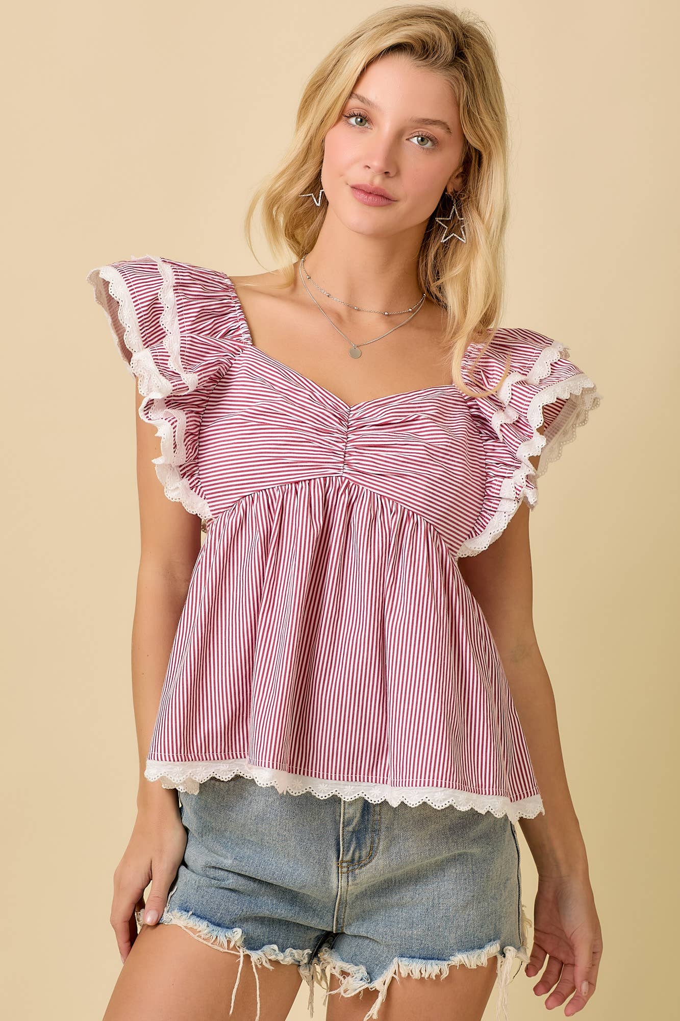 Main Strip Double Ruffle Baby Doll Peplum Top
