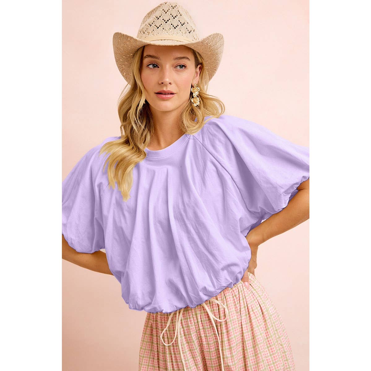 BiBi Lilac Jersey Bubble Sleeves and Hem Top