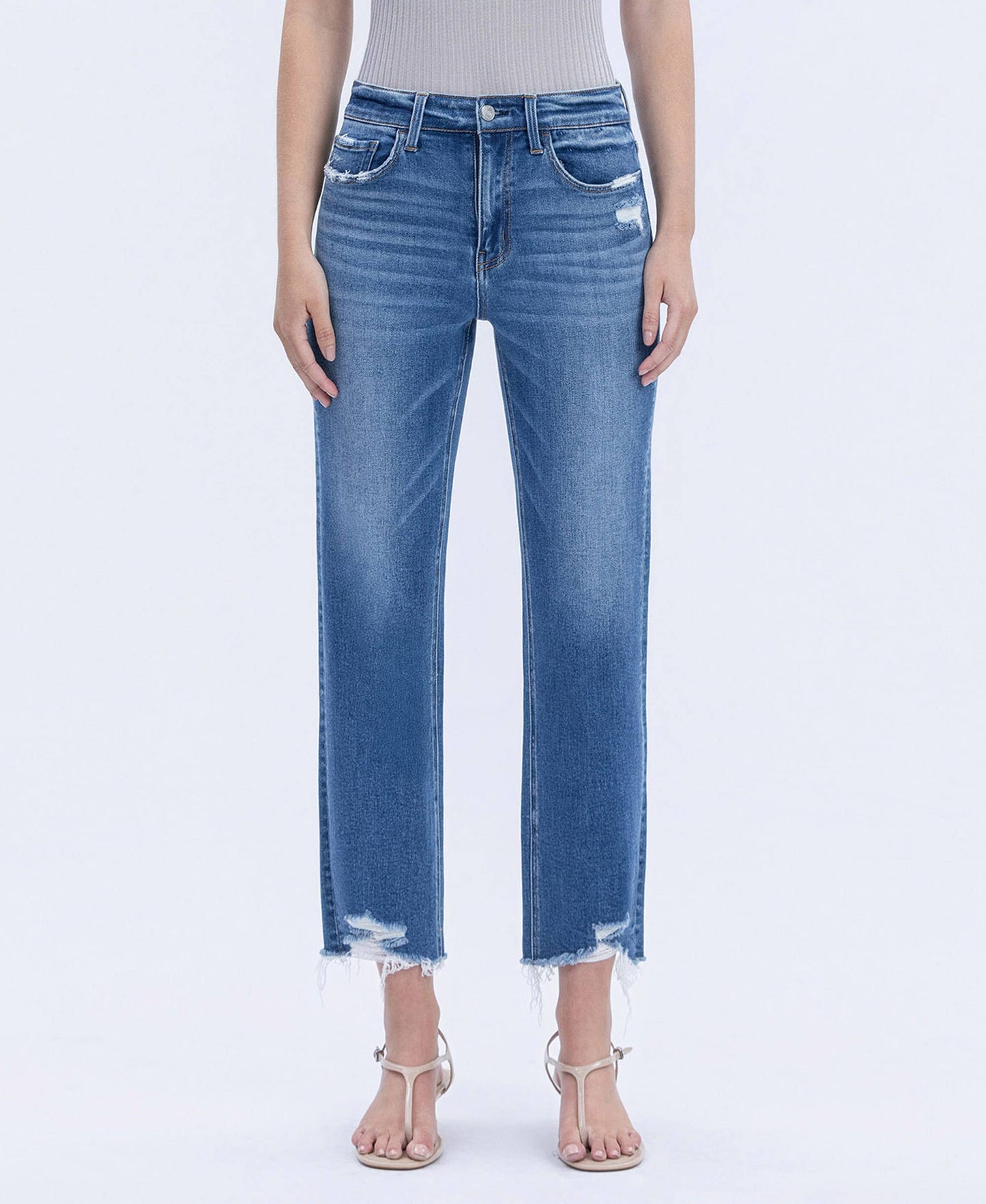 HIGH RISE FRAYED HEM CROP STRAIGHT JEANS LV1866