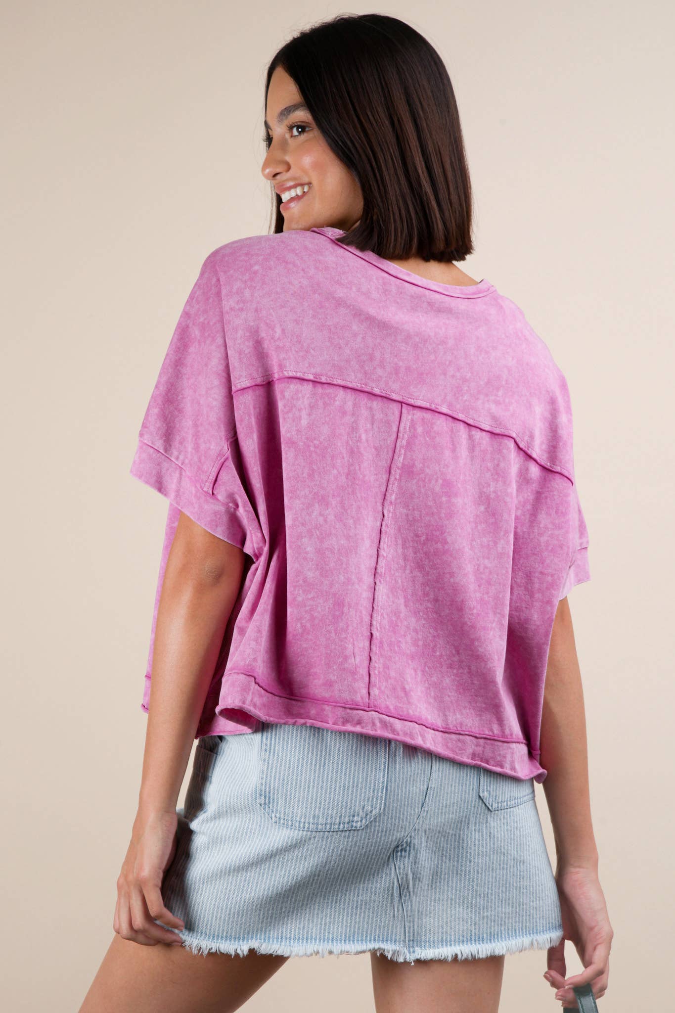 Mineral Washed Oversized Crop Comfy Knit Top Pink