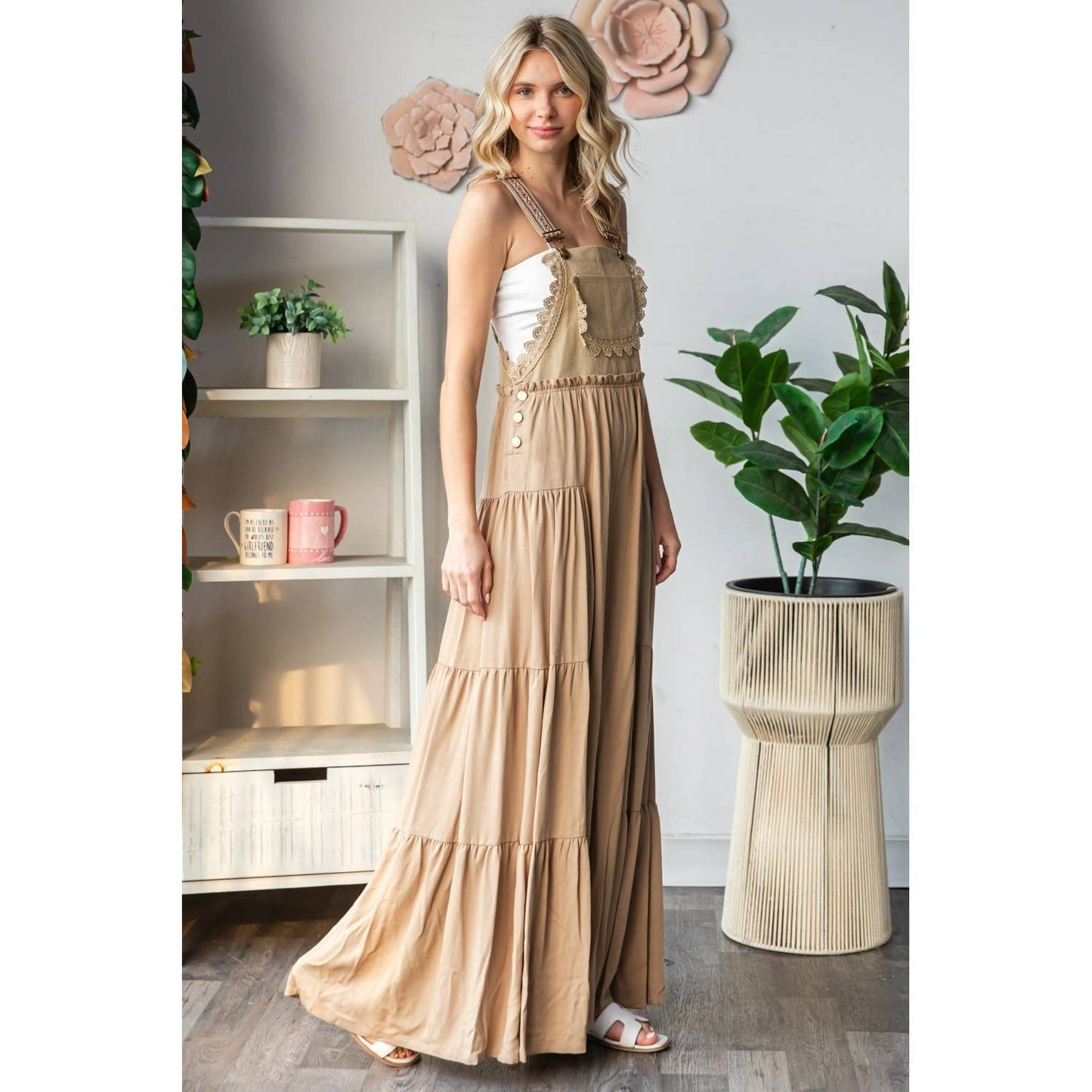 Embroidered Strap Flowy Jumpsuit Khaki