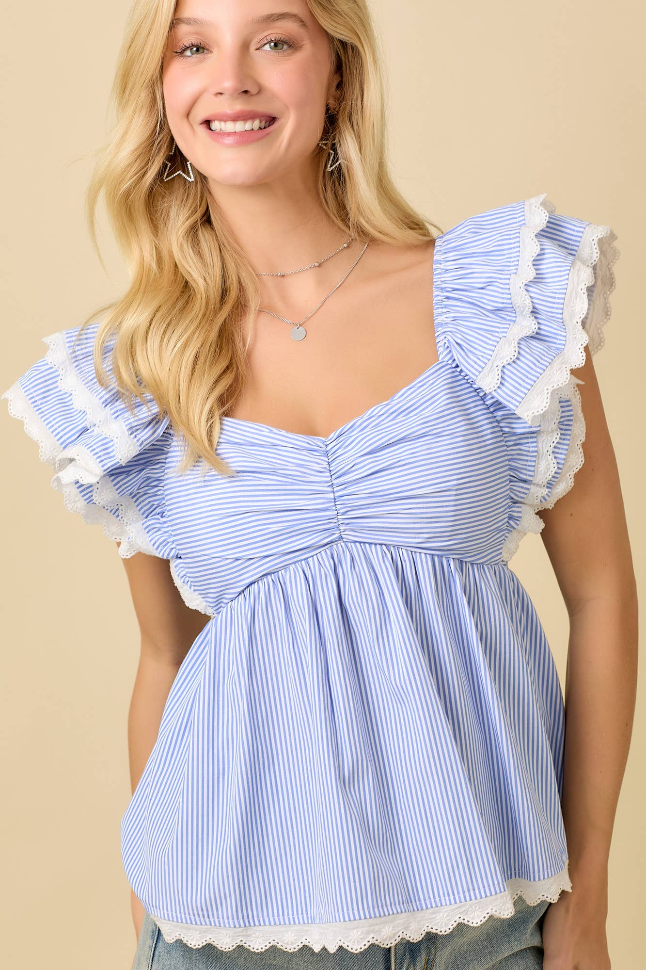Main Strip Double Ruffle Baby Doll Peplum Top