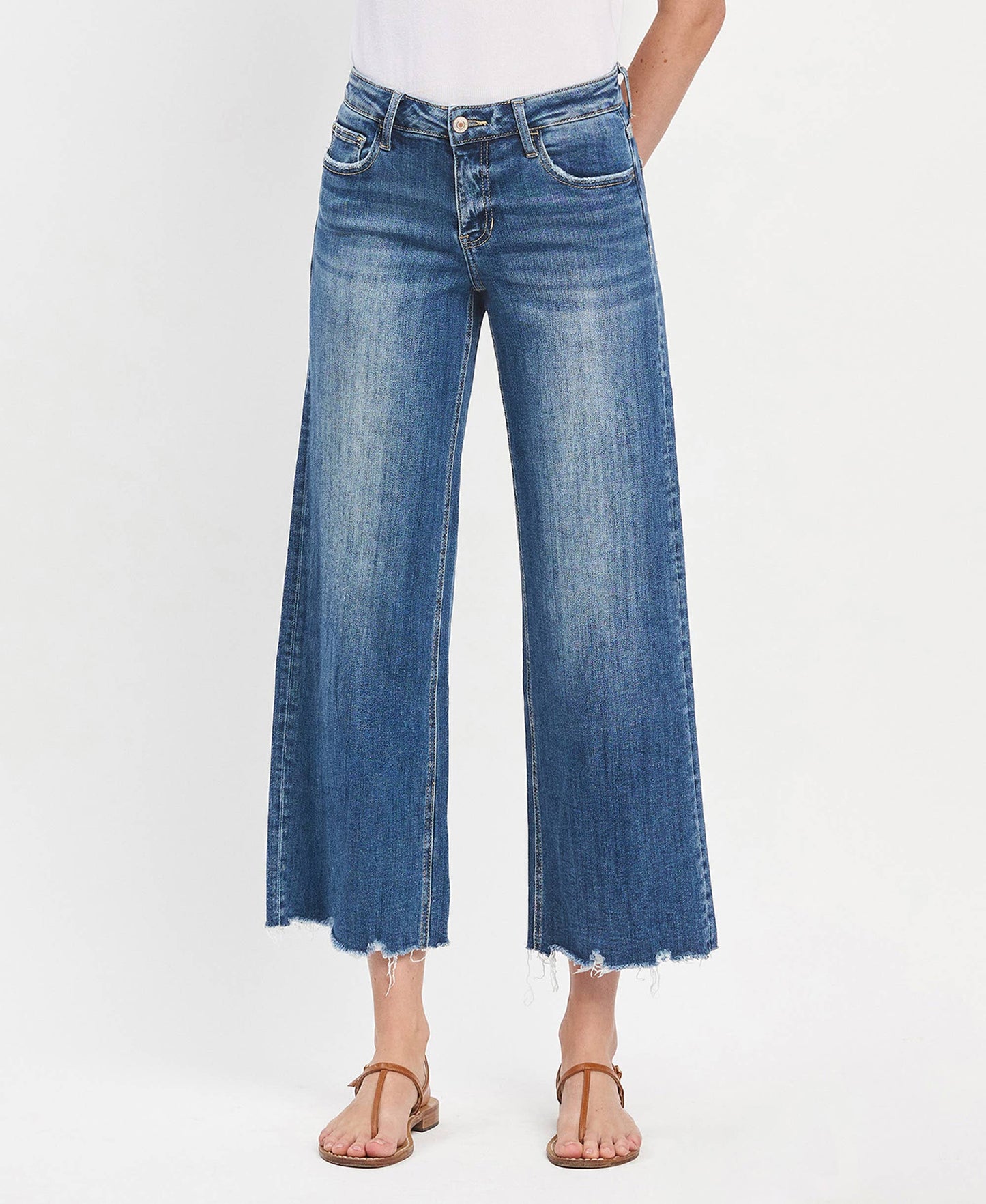 MID RISE MEDIUM DARK WASH RAW HEM WIDE JEANS LV1246