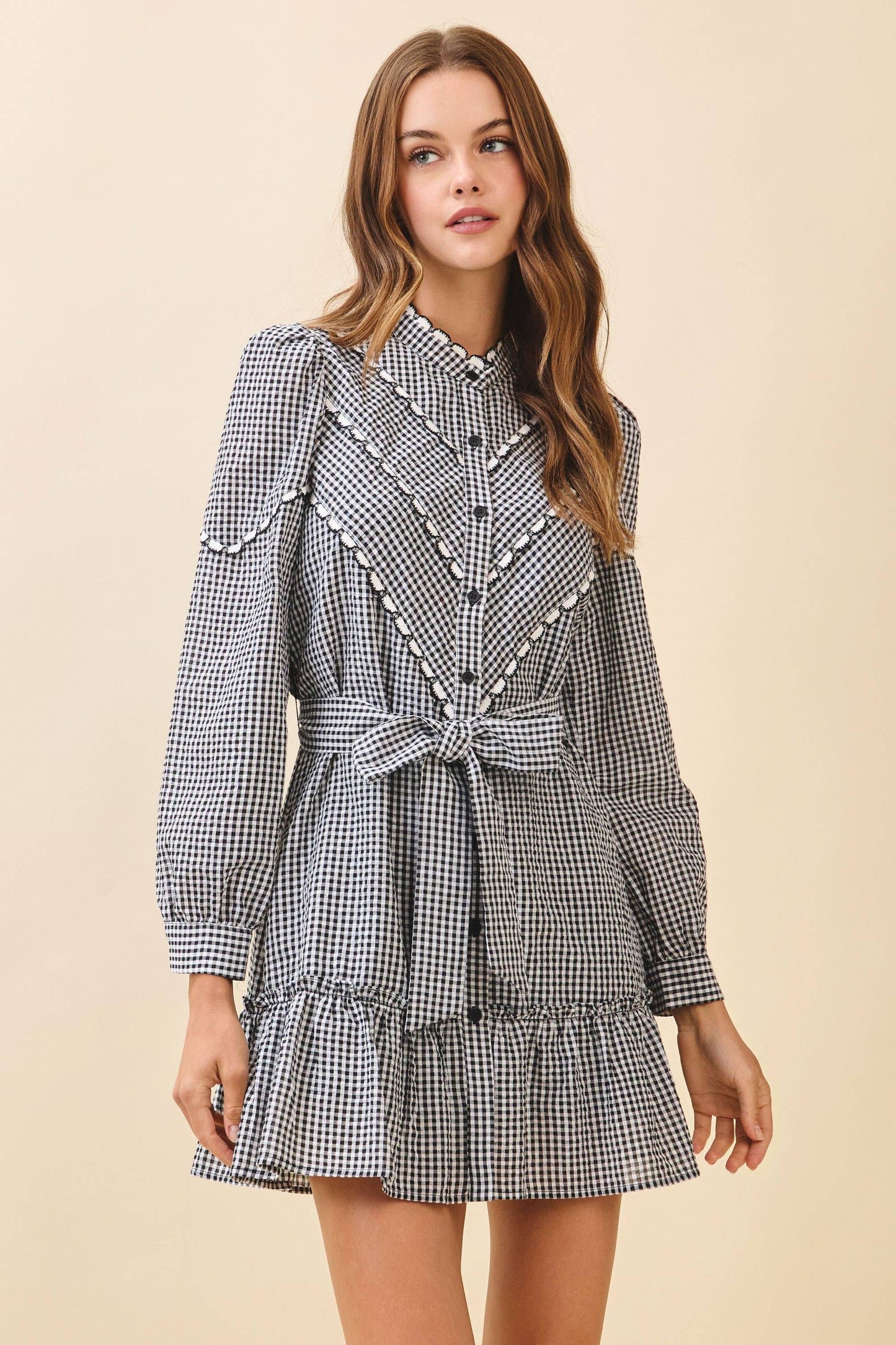 TCEC Gingham Ruffle Detail Contrast Trim Mini Dress