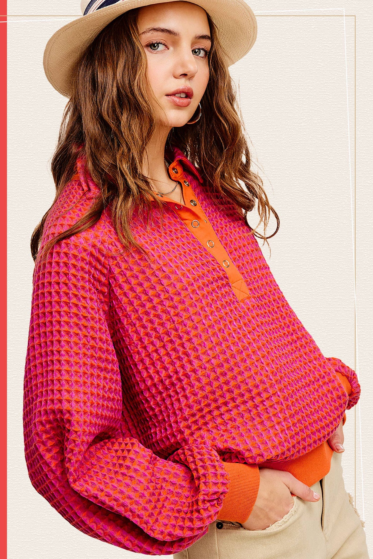 La Miel  Two Tone Textured Snap Button Front Top