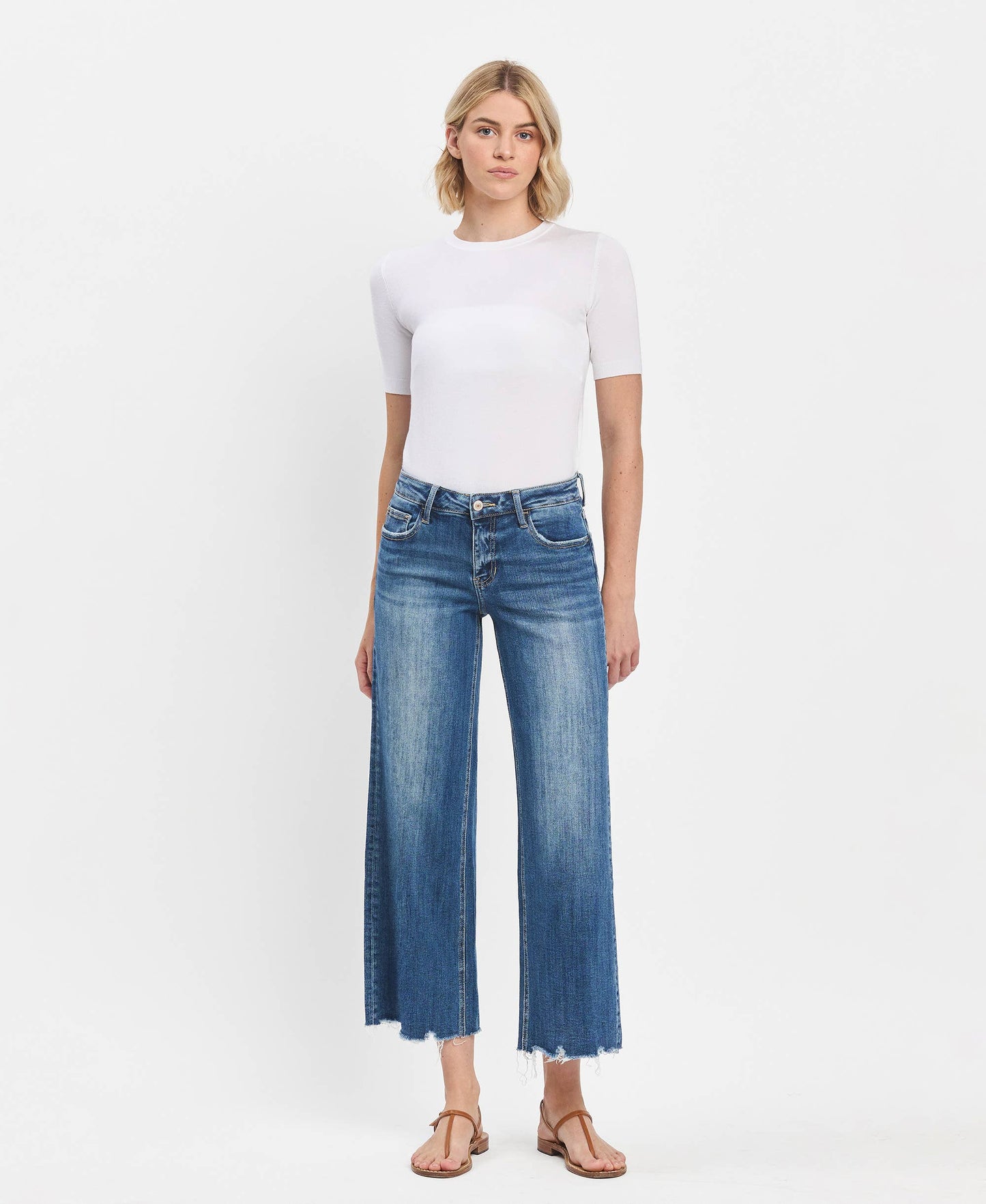 MID RISE MEDIUM DARK WASH RAW HEM WIDE JEANS LV1246