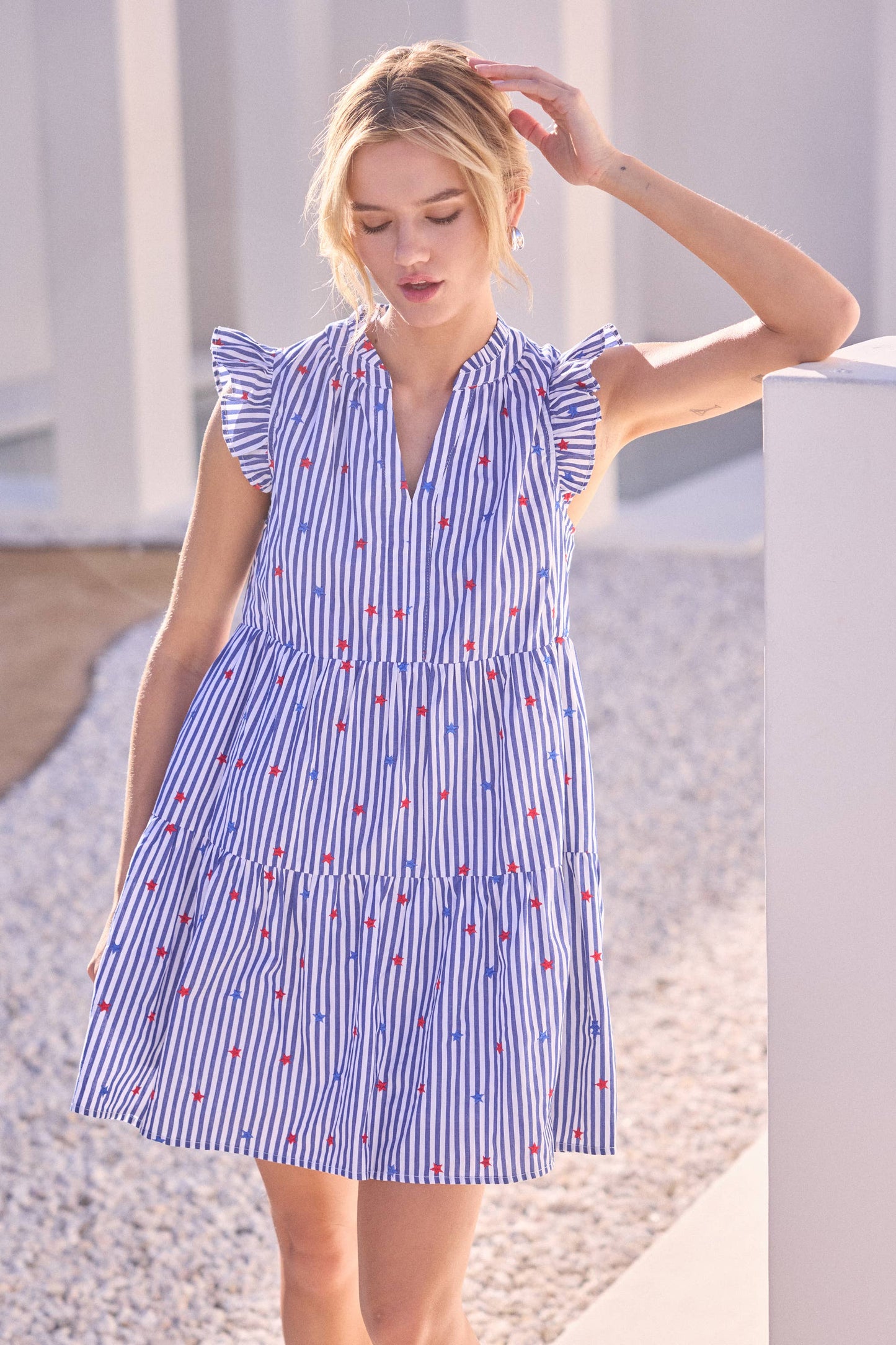 Skies Are Blue Striped Mini Dress with Star Embroidery