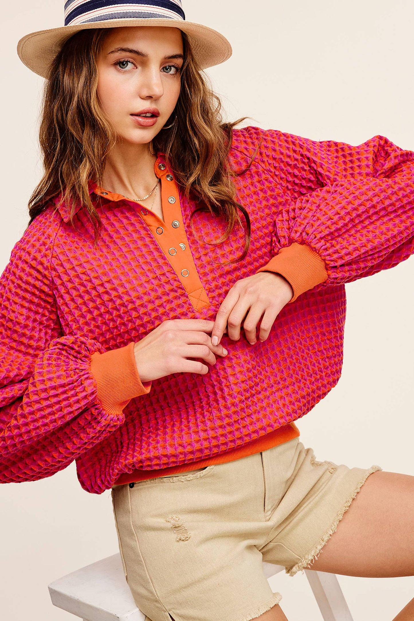La Miel  Two Tone Textured Snap Button Front Top