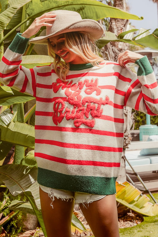 BiBi Red Striped Merry Christmas Sweater