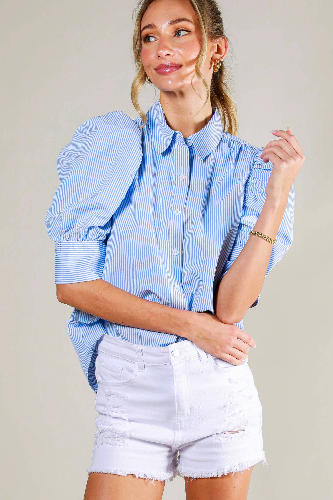 Vine & Love Collared Neck Short Puff Sleeve Striped Blouse PINK