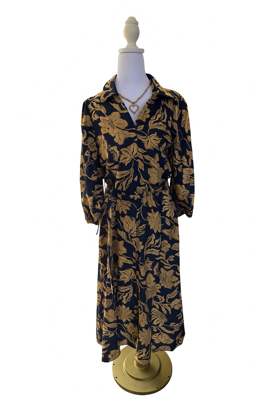 Umgee Navy/Gold Dress Midi Dress with Waist Tie
