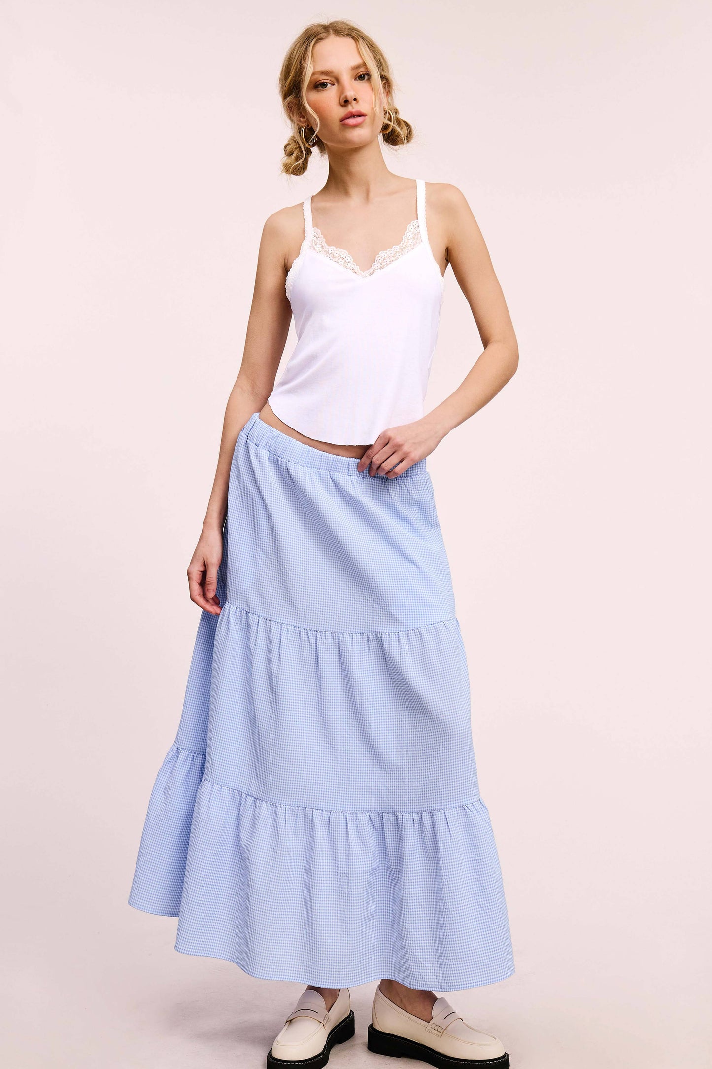 La Miel Gingham Tiered Maxi Skirt With Side Pockets