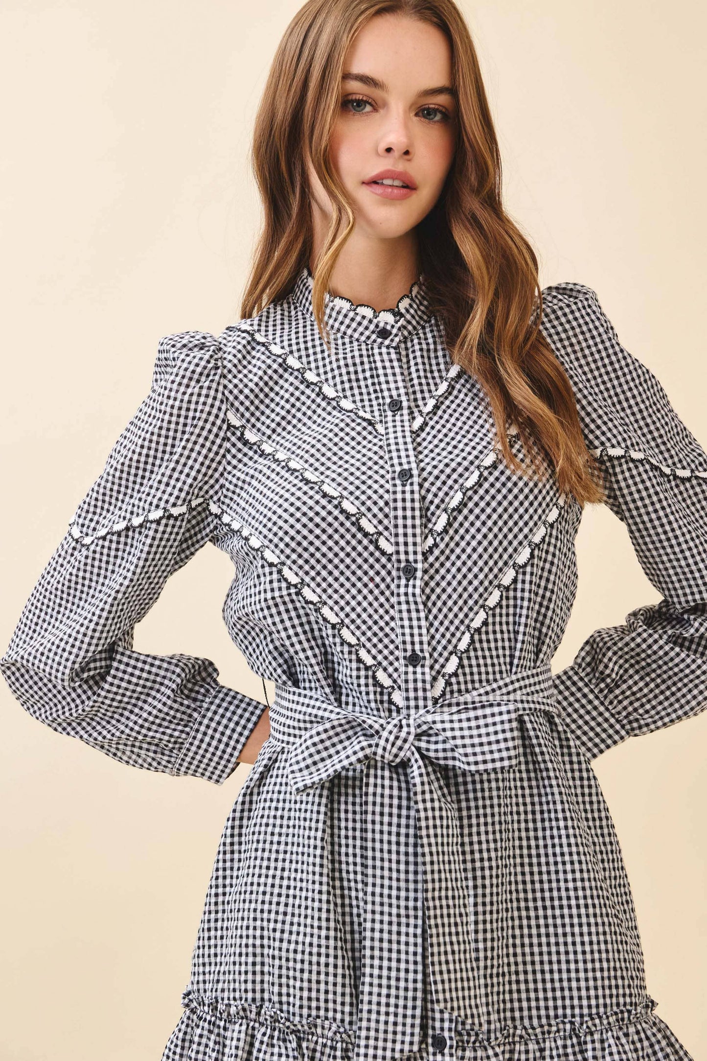 TCEC Gingham Ruffle Detail Contrast Trim Mini Dress