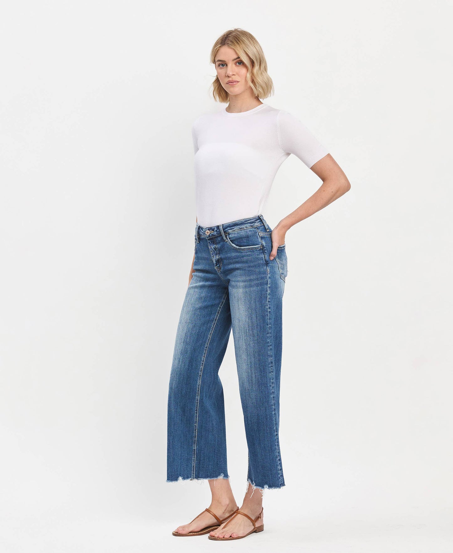 MID RISE MEDIUM DARK WASH RAW HEM WIDE JEANS LV1246