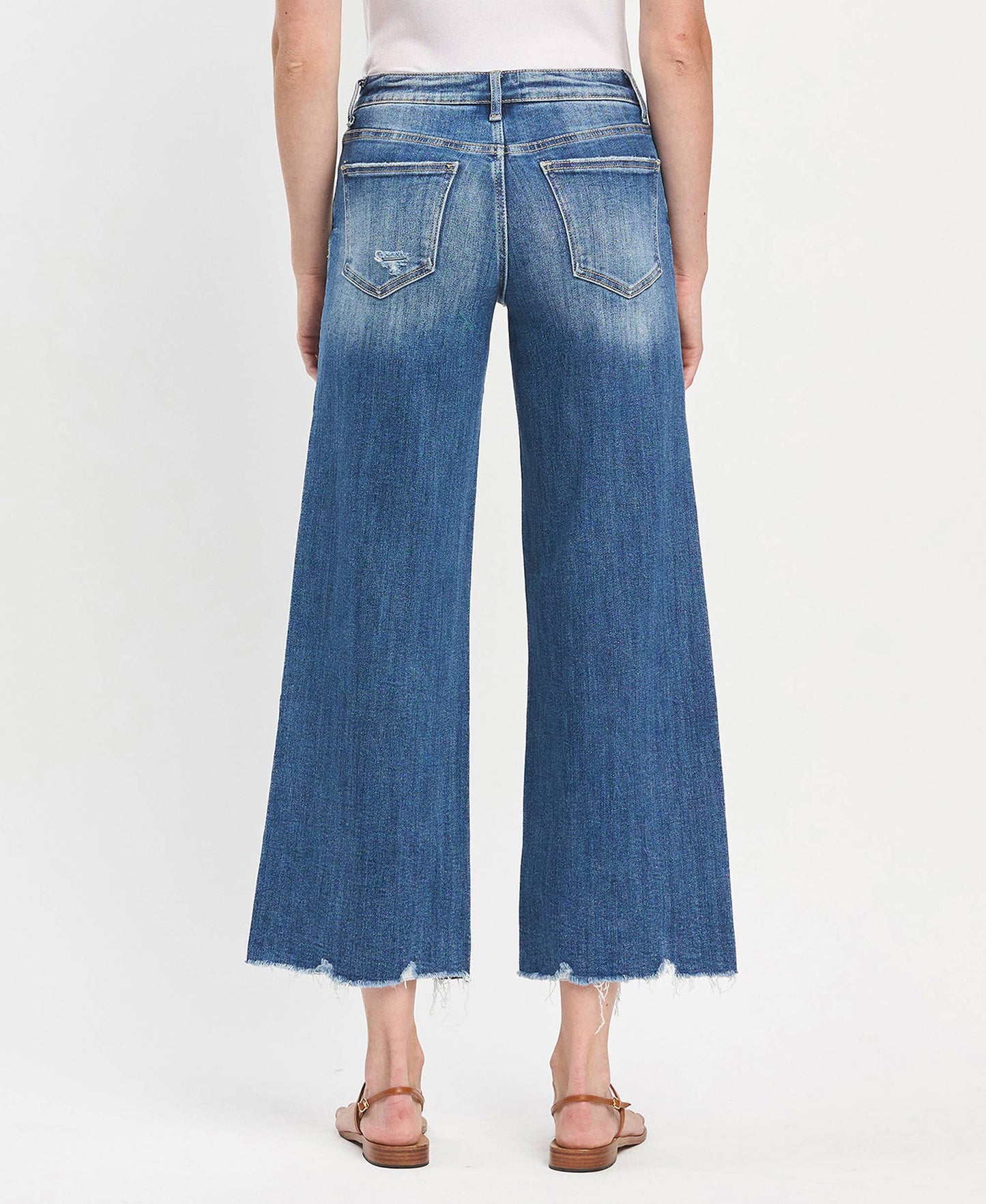 MID RISE MEDIUM DARK WASH RAW HEM WIDE JEANS LV1246